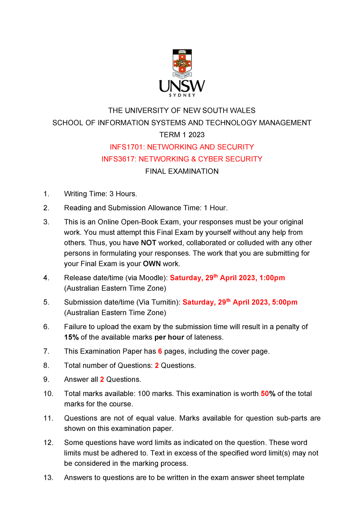 INFS1701 3617 T1 2023 Final Exam Paper - THE UNIVERSITY OF NEW SOUTH ...