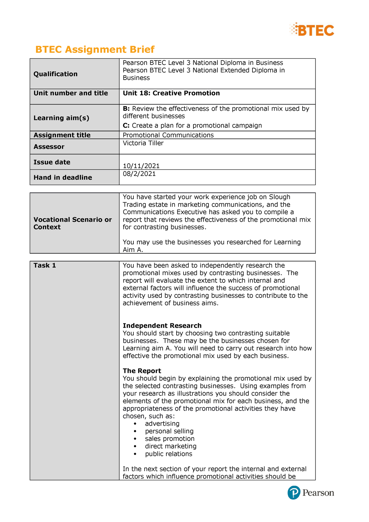 Unit 18 Authorised Assignment Brief For Learning Aims B And C Creative ...