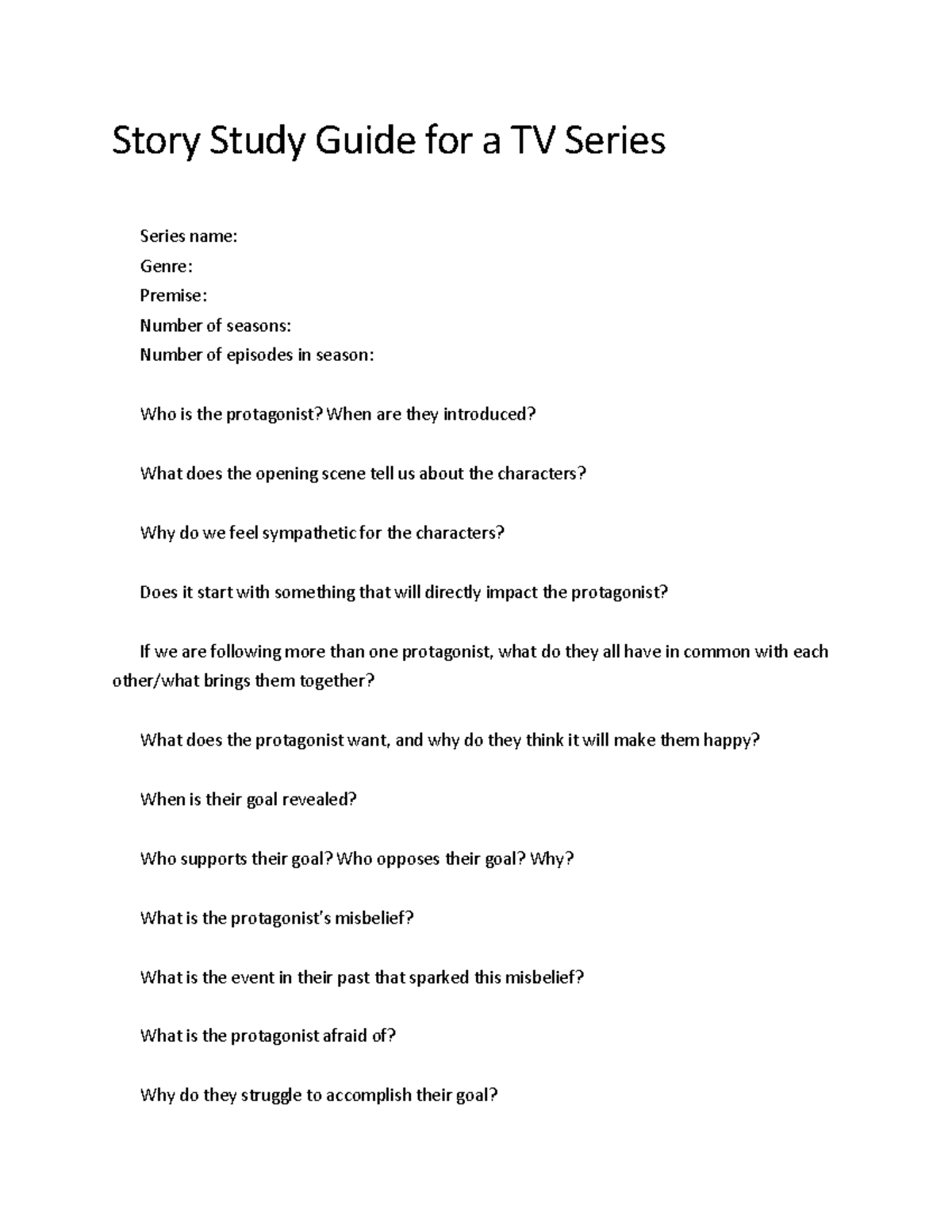 Story Study Guide for TV Series - Story Study Guide for a TV Series ...