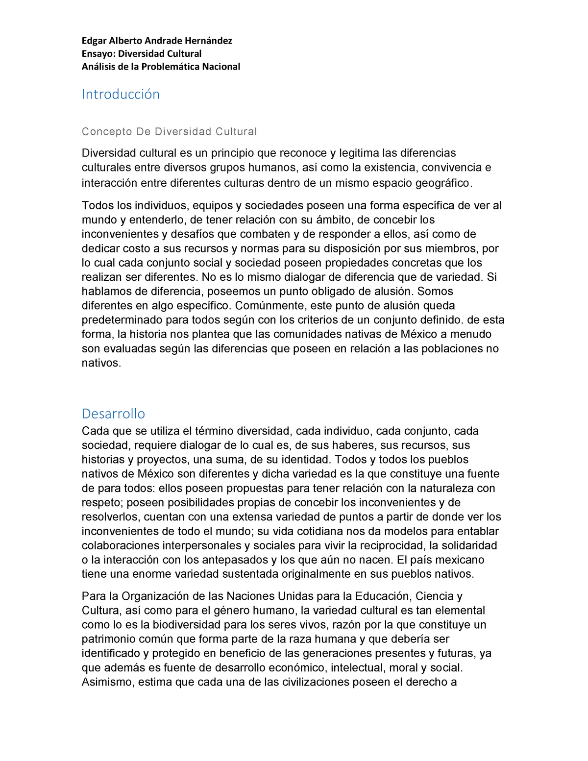 Ensayo Diversidad Cultural Ensayo Diversidad Cultural An Lisis De La