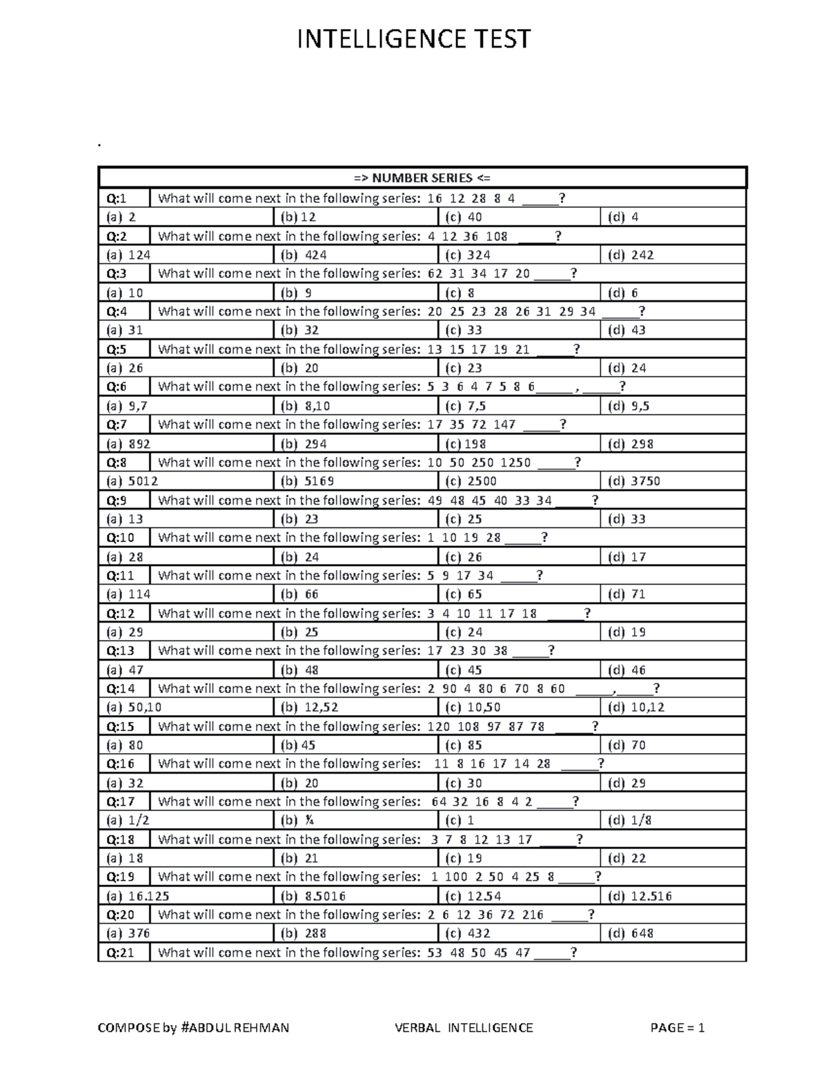 Verbal Qs - . => NUMBER SERIES