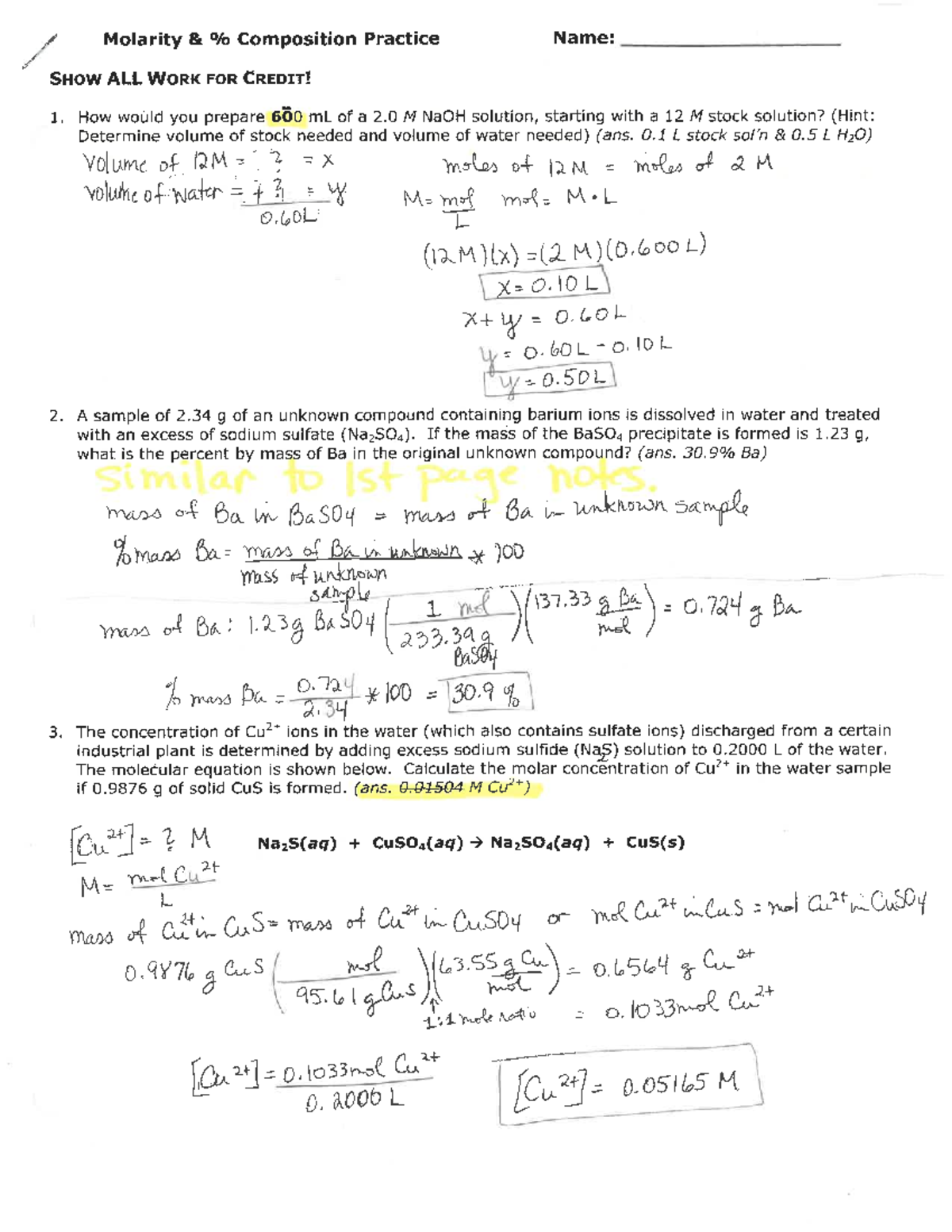 Molarity Practice #s 1-3 KEY - Studocu