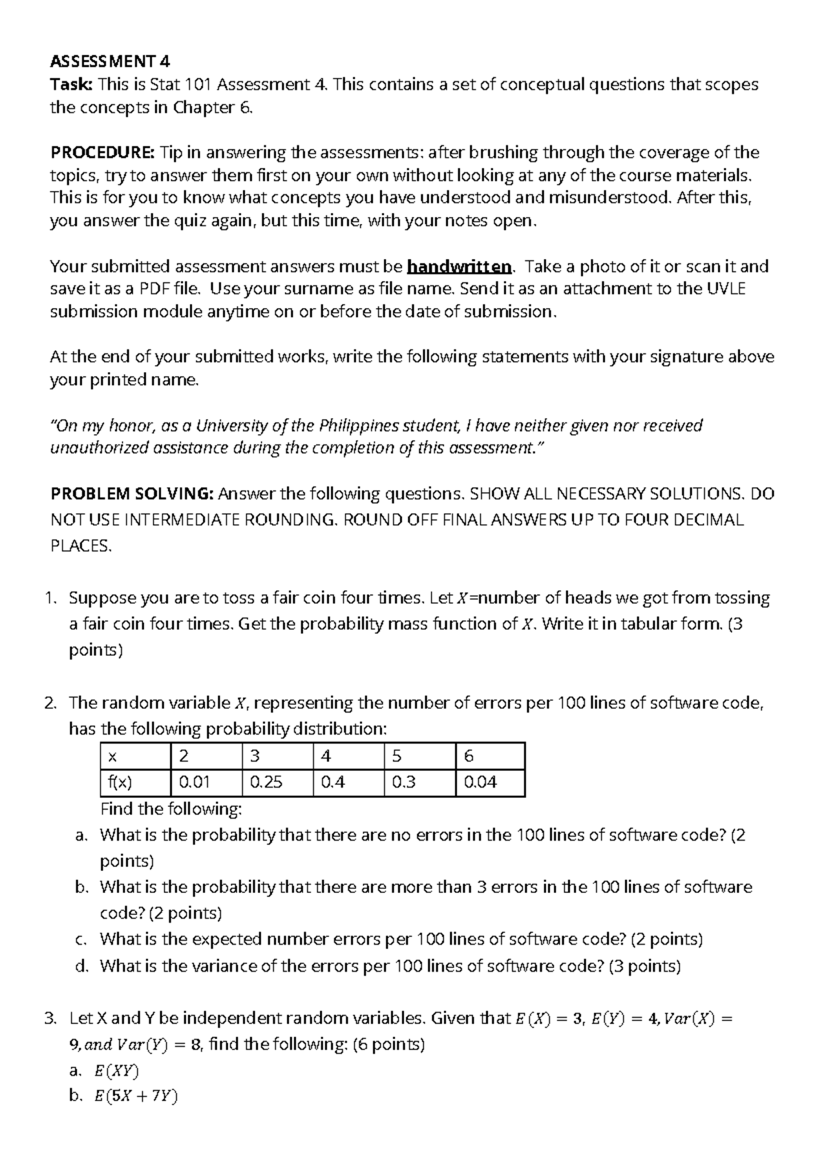 STAT 101 Assessment on Probabilities - Sample Problems - ASSESSMENT 4 ...