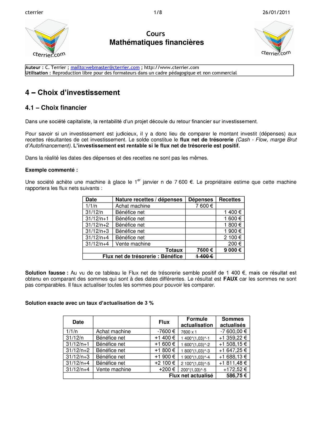 4a Choix Investissement - Cours Mathématiques Financières Auteur : C ...