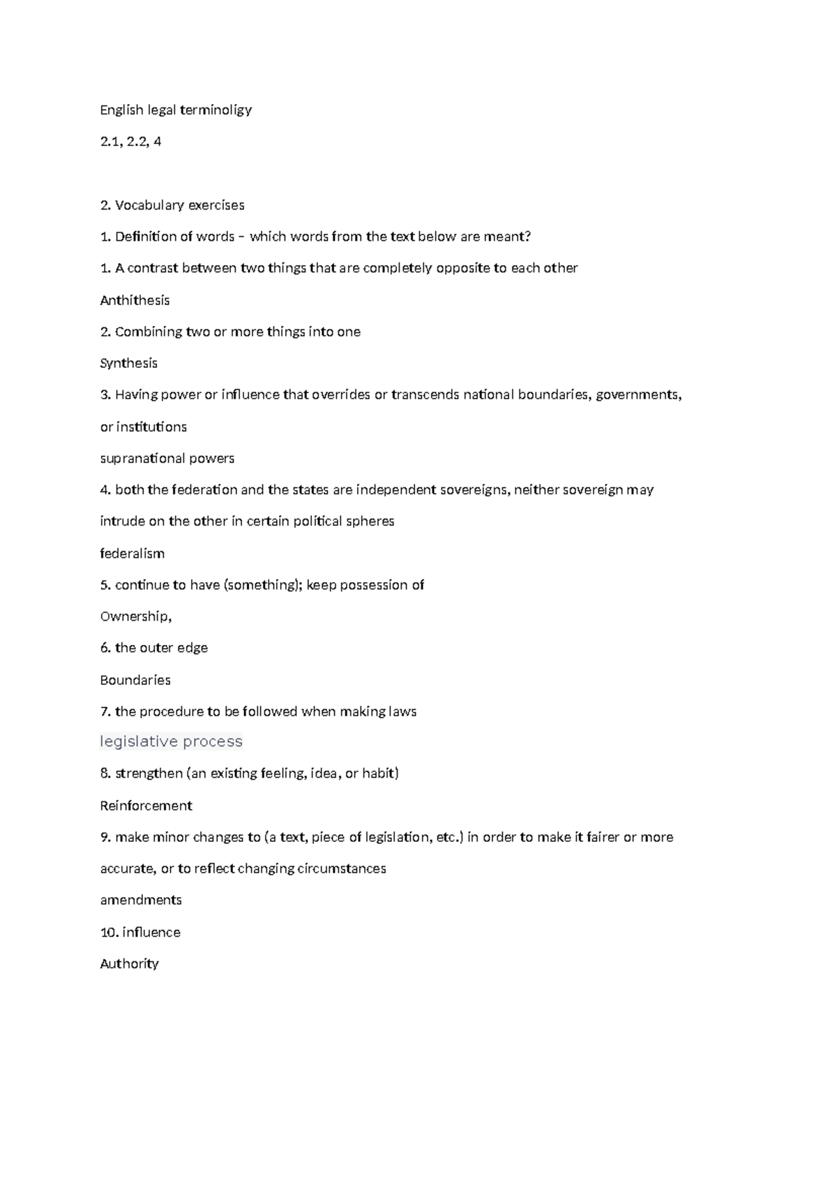 English legal terminoligy Vocabulary exercises Definition of words