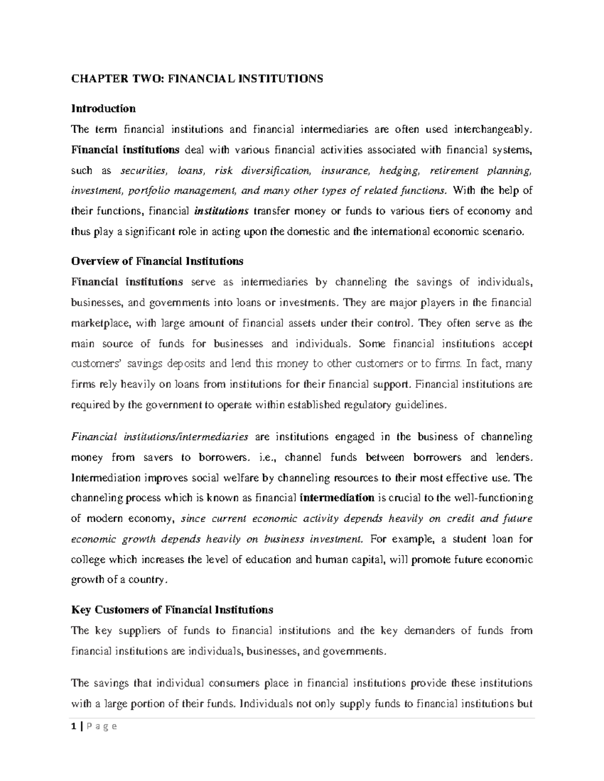 FIM Chapter 2 - Good notes - CHAPTER TWO: FINANCIAL INSTITUTIONS ...