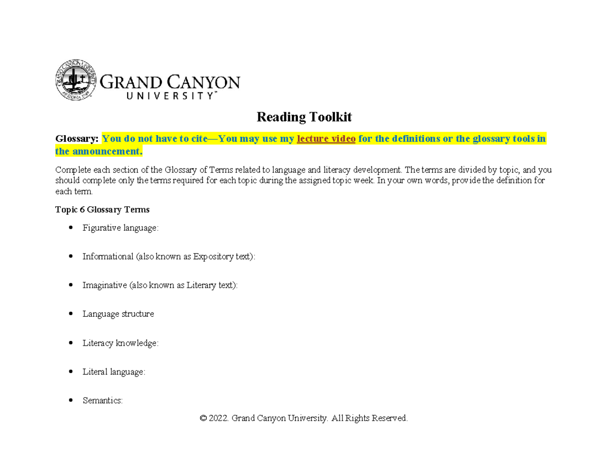 Topic 6 Toolkit Template - Reading Toolkit Glossary: You do not have to ...