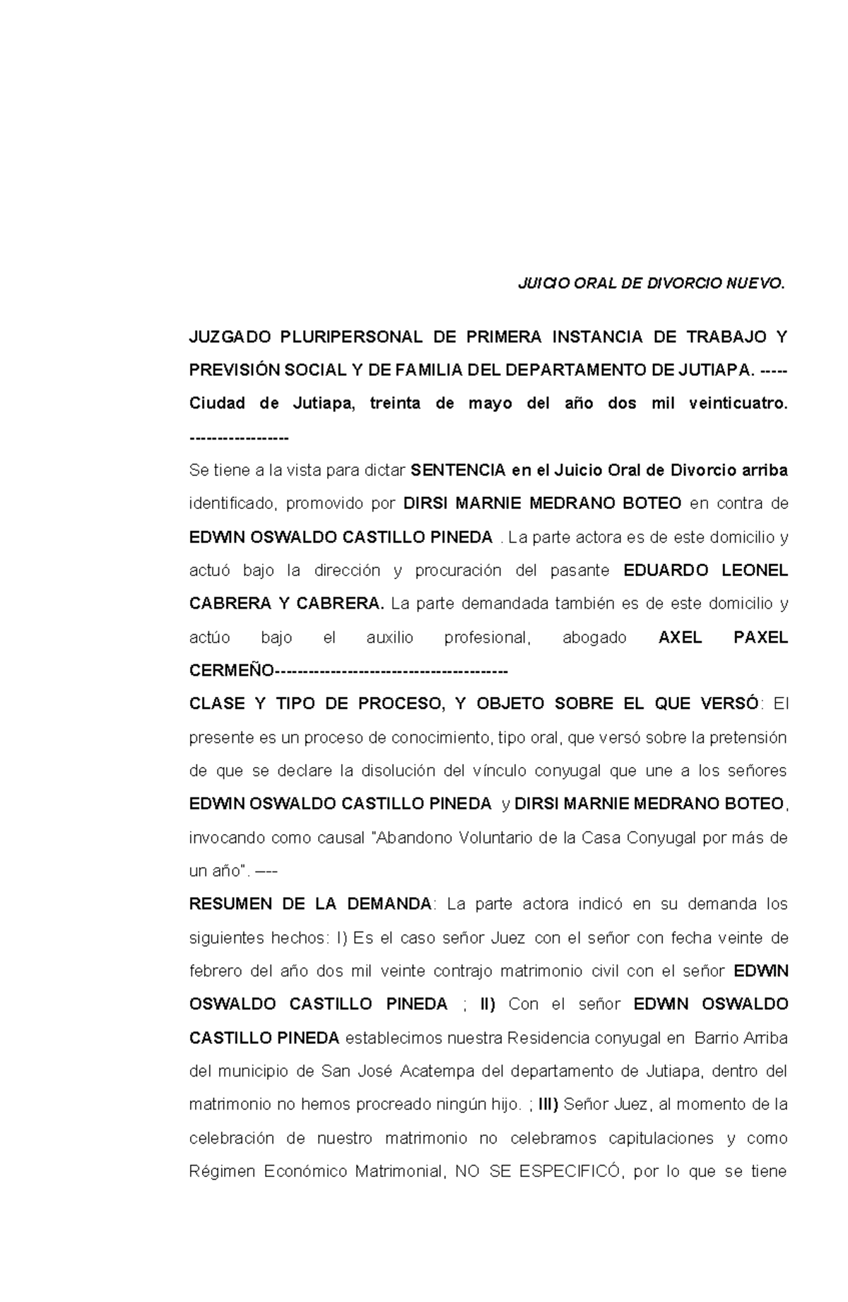 Sentencia divorcio - JUICIO ORAL DE DIVORCIO NUEVO. JUZGADO ...