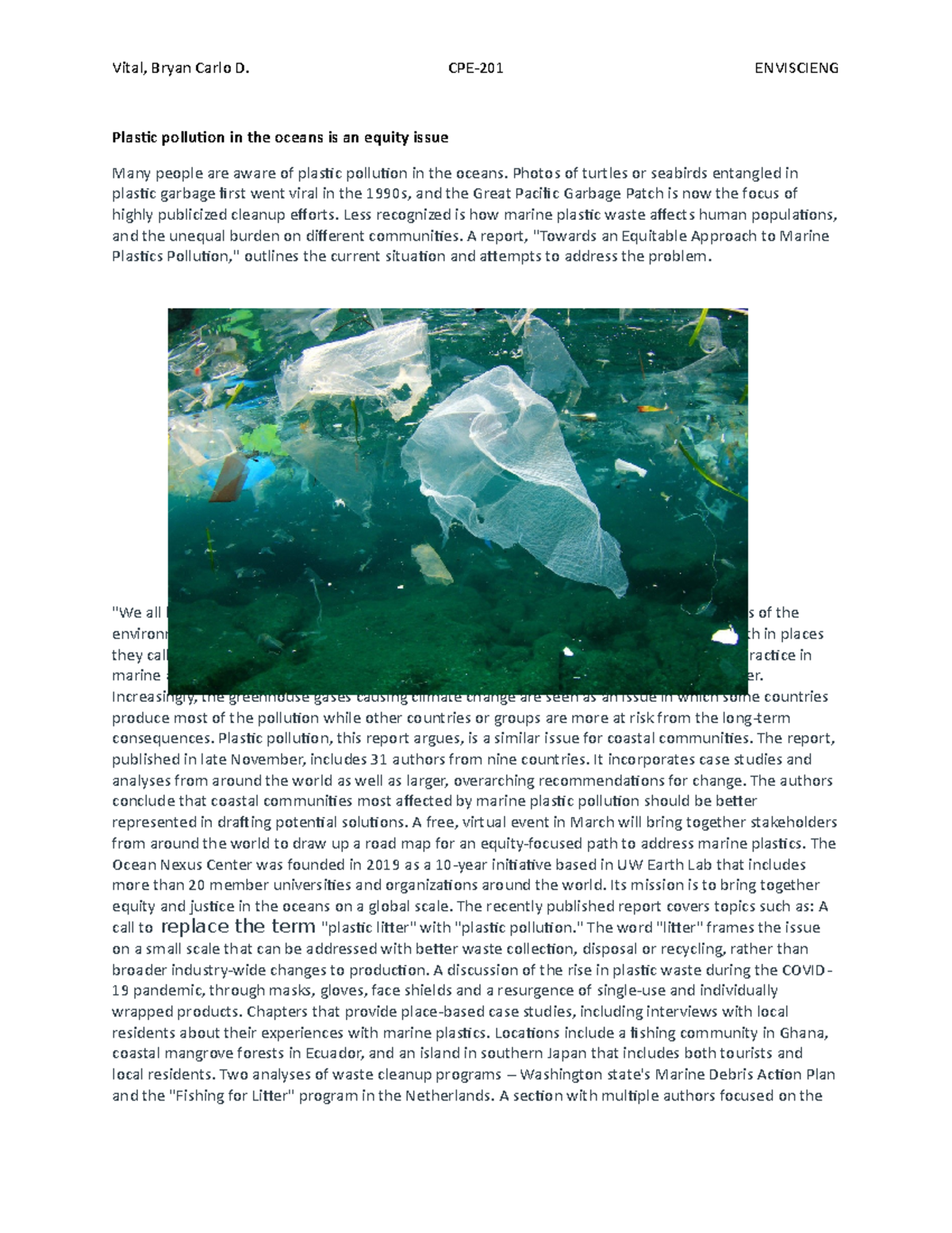 Plastic pollution in the oceans is an equity issue Vital, Bryan Carlo