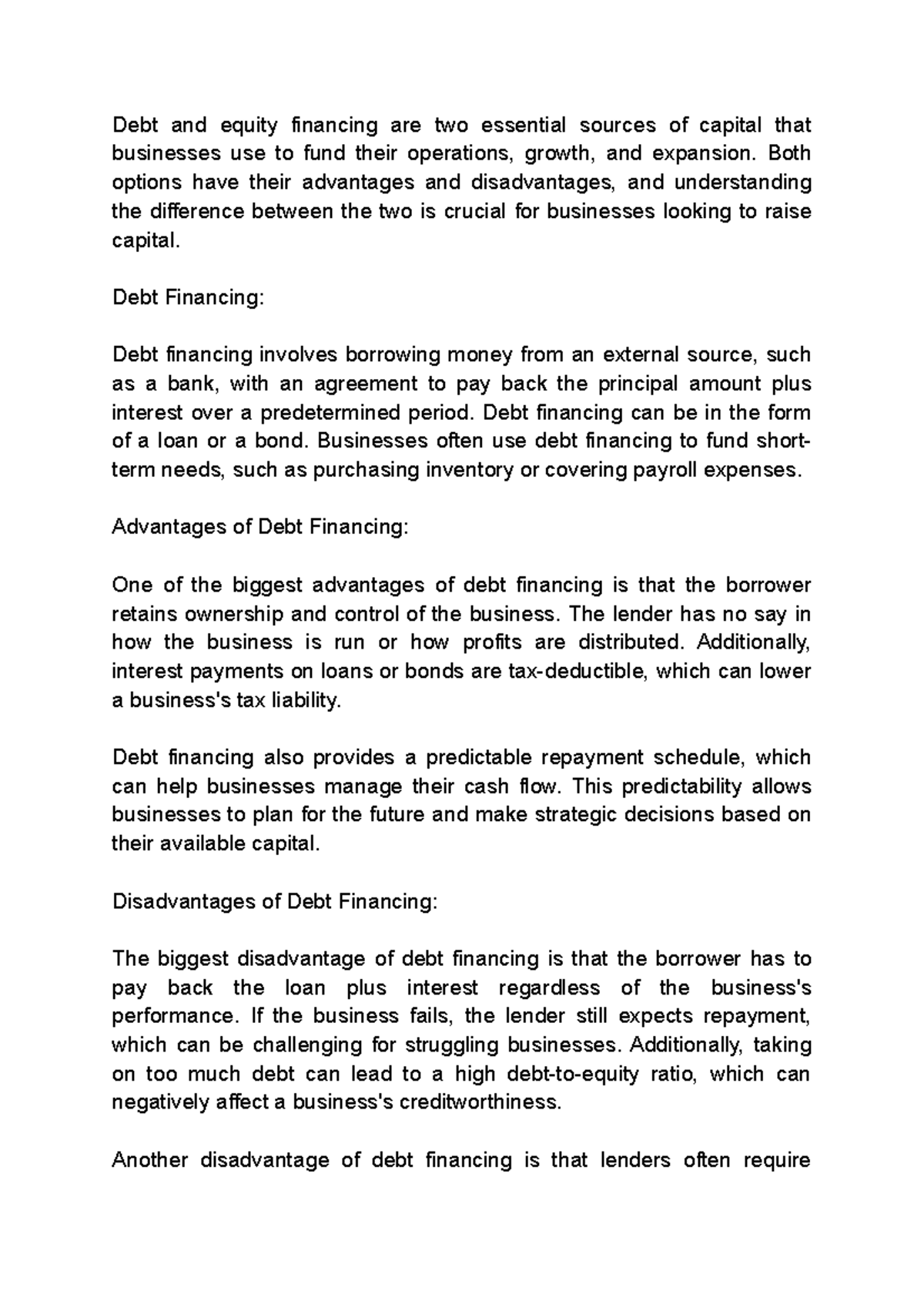 Lecture Notes Debt and equity financing corporate finance - Debt and ...