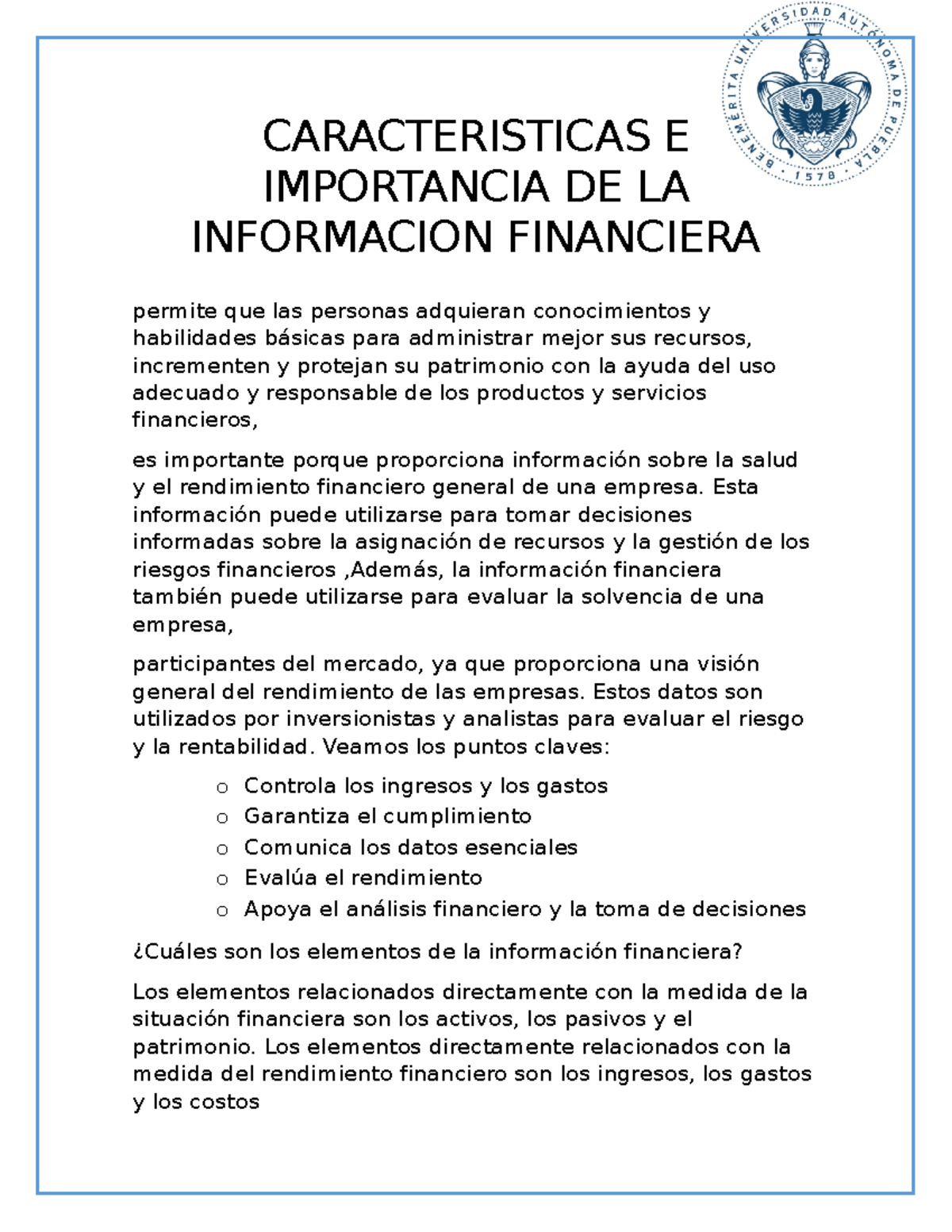 Caracteristicas E Importancia DE LA Informacion Financiera ...