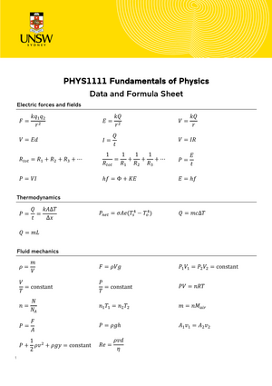 Phys1111 Formula Sheet T3 Phys1111 Fundamentals Of Physics Data And Formula Sheet Studocu