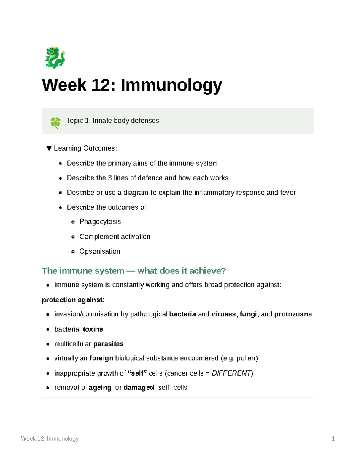 Week 12 Immunology - Week 12 Notes - ö Week 12: Immunology 5 Topic 1 ...