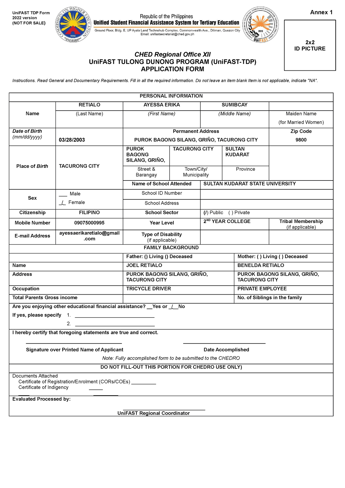 practice materials UniFAST TDP Form Annex 1 2022 version (NOT FOR