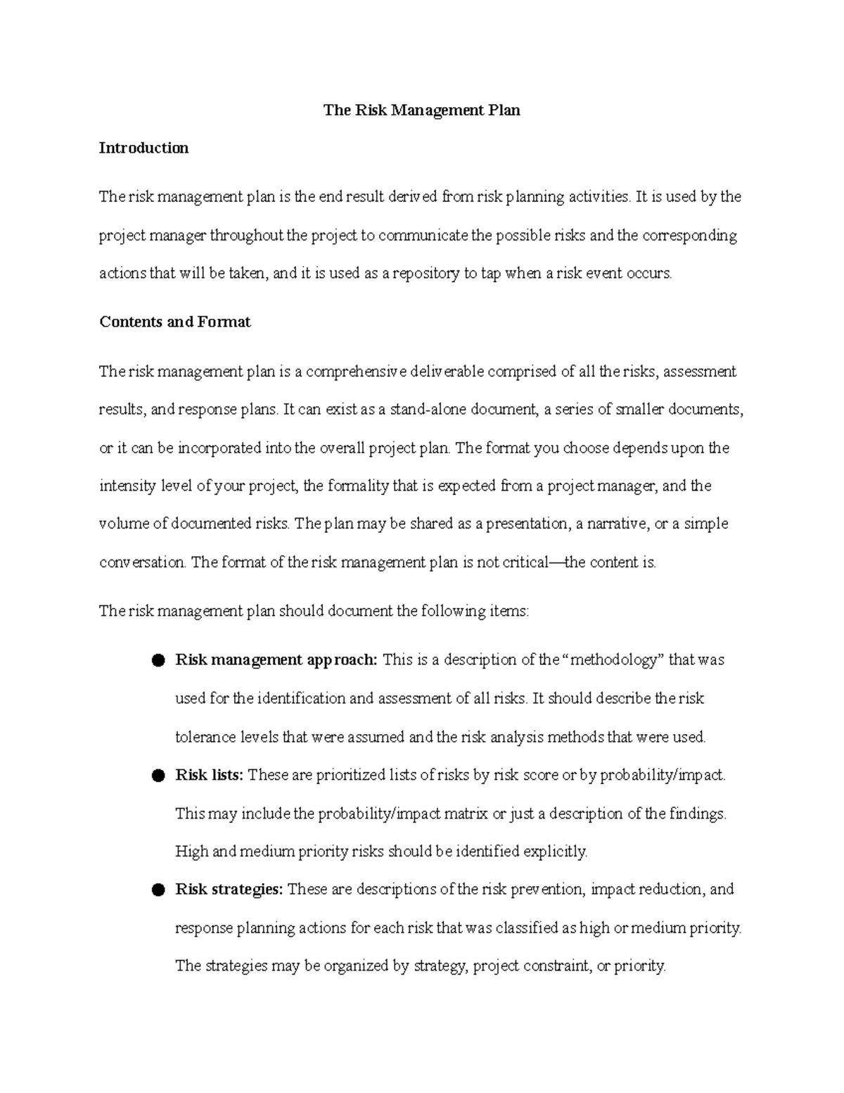 The Risk Management Plan - The Risk Management Plan Introduction The ...