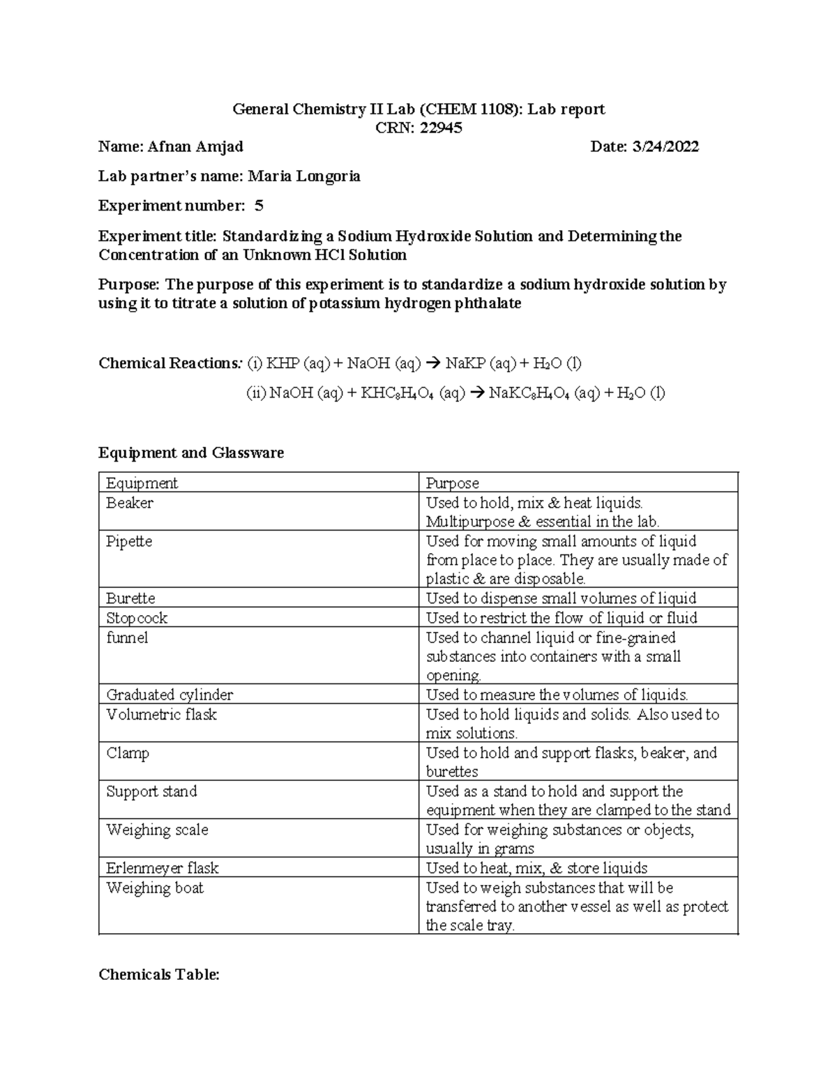 Lab Report Experiment 5Chem1108 - General Chemistry II Lab (CHEM 1108 ...