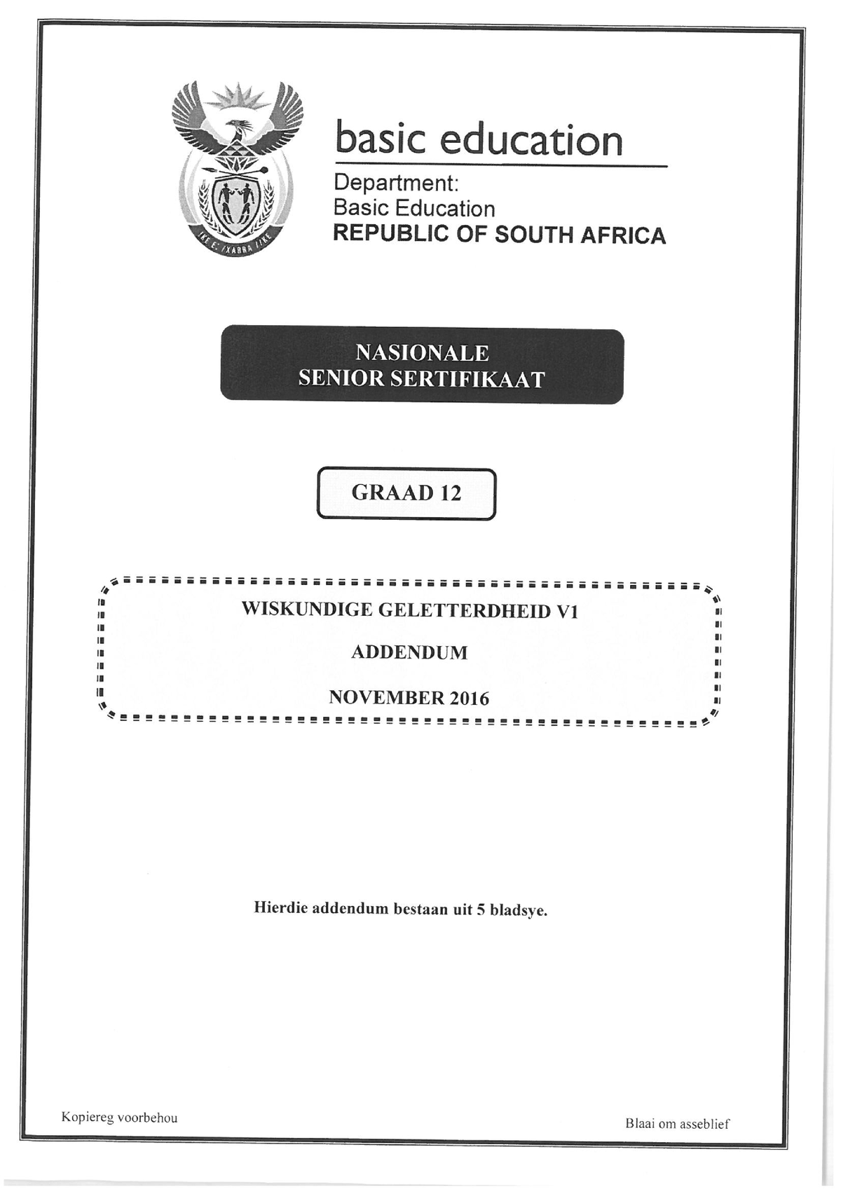 Mathematical Literacy P1 Nov 2016 Addendum Afr ESL111T Studocu