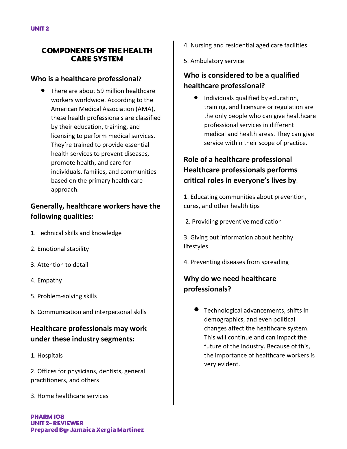 UNIT 2 Pharm 108 Reviewer - PHARM 108 UNIT 2- REVIEWER COMPONENTS OF ...