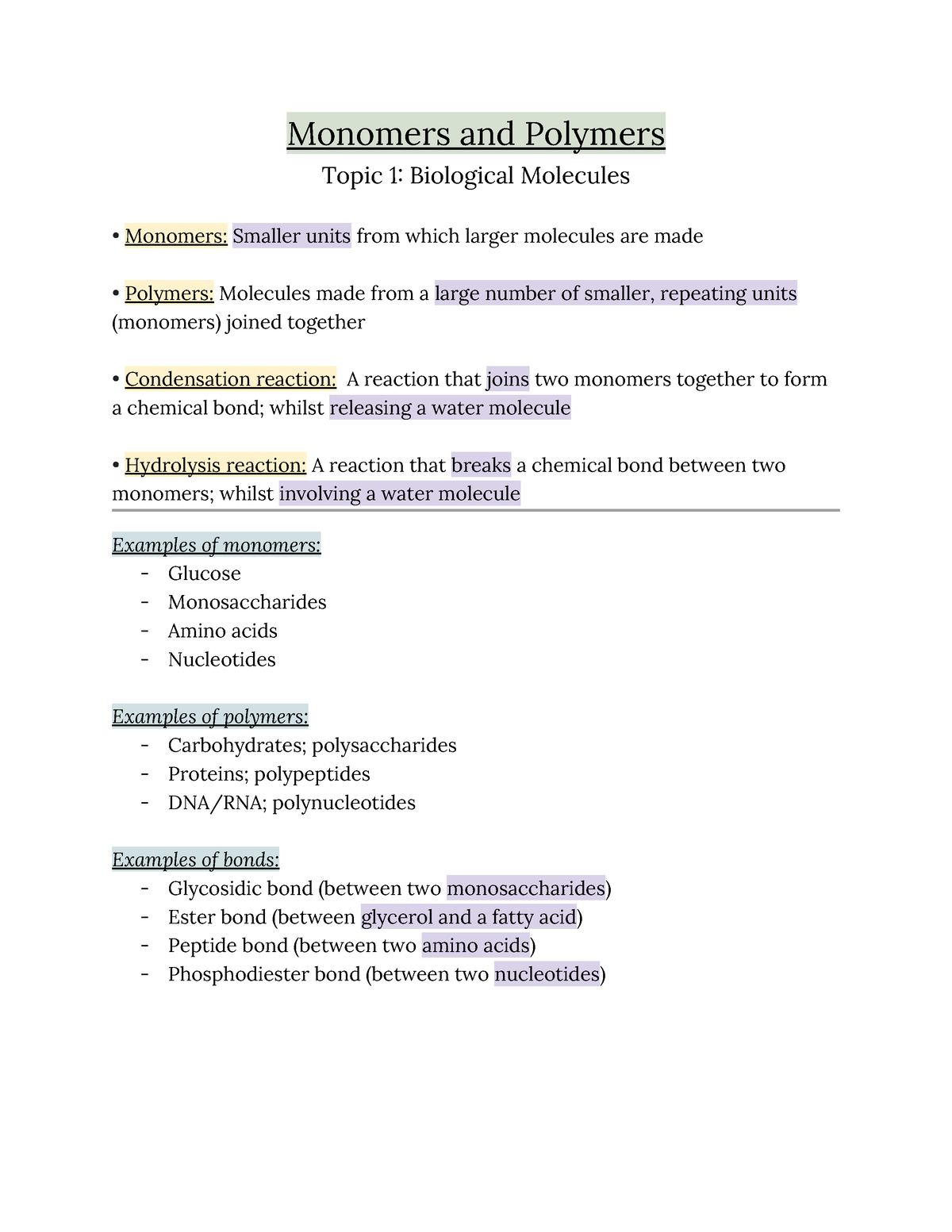 ・Biology Notes - Monomers And Polymers Topic 1: Biological Molecules ...