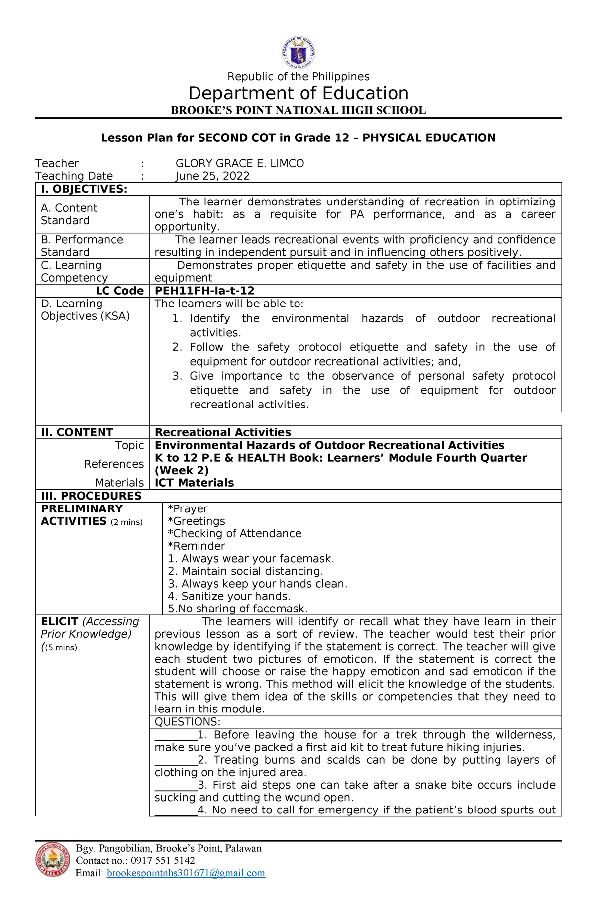 COT LP 7Es Limco - Lesson Plan In P.E. - Republic Of The Philippines ...