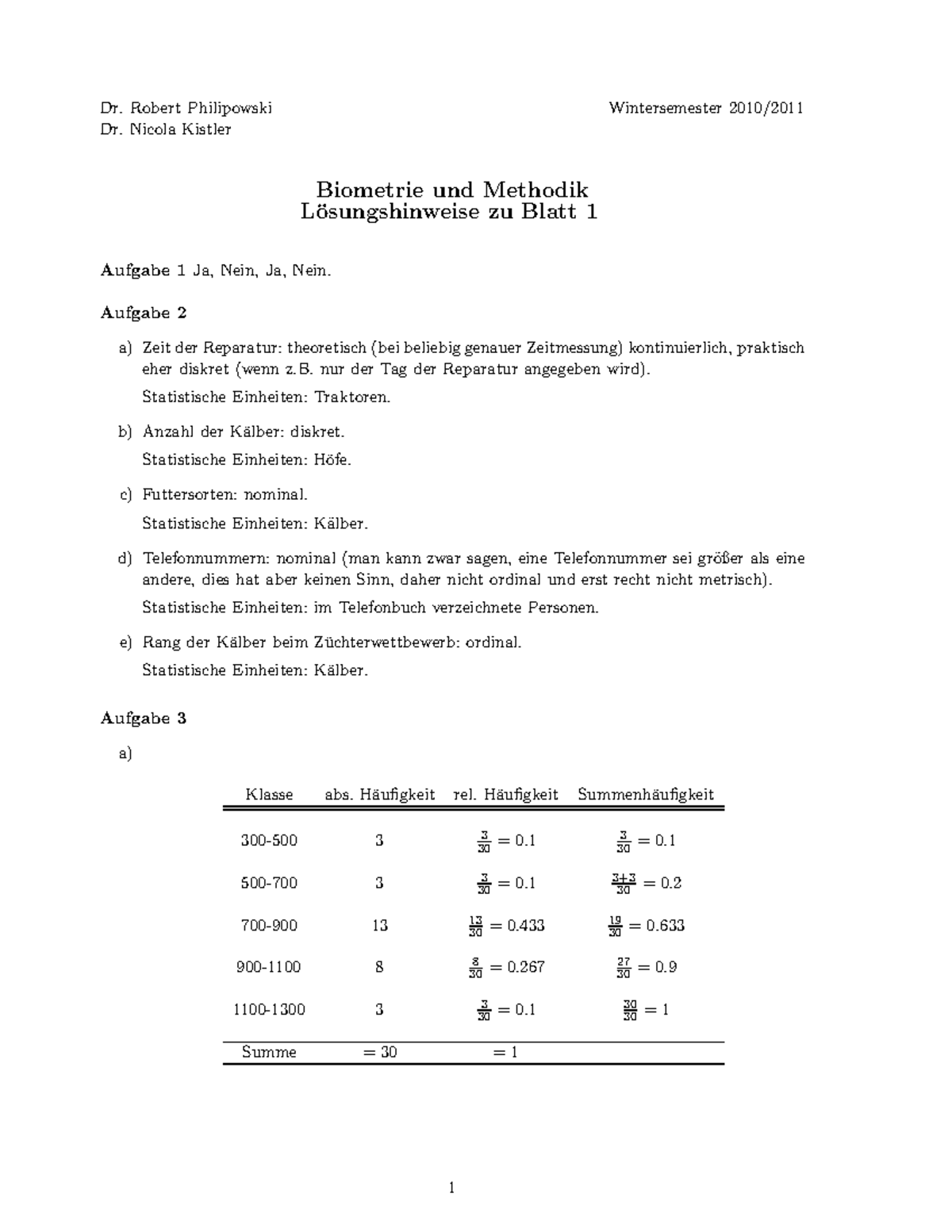 Loesungen Blatt Biometrie Bungen L Sungen Dr Robert Philipowski Wintersemester Dr