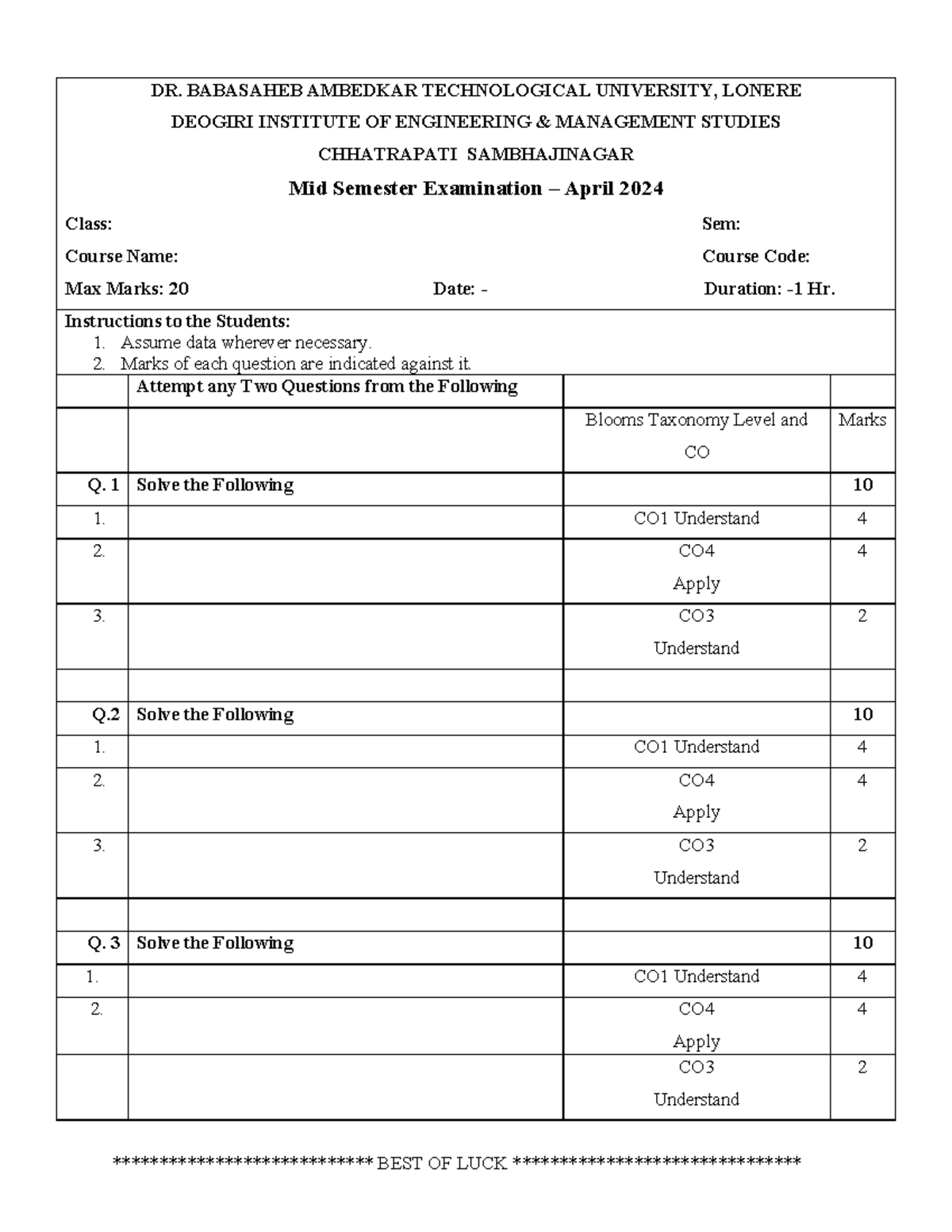 ML Question Paper Format - DR. BABASAHEB AMBEDKAR TECHNOLOGICAL ...