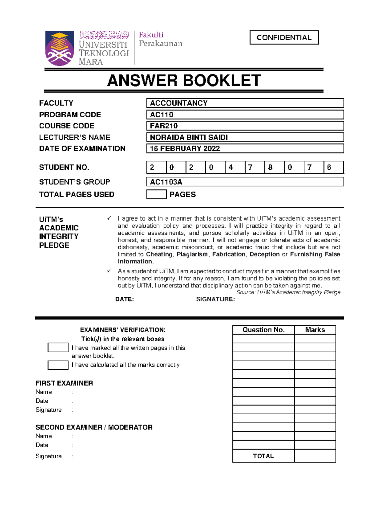 2. FAR210 Answer Scripts Front PAGE - ANSWER BOOKLET EXAMINERS ...