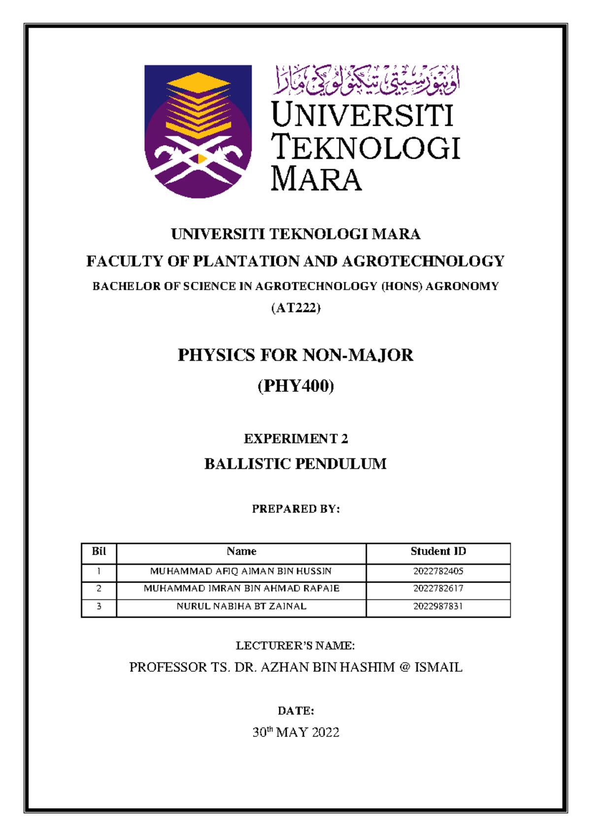 EXPT 2 PHY400 Ballistic Pendulum - UNIVERSITI TEKNOLOGI MARA FACULTY OF ...