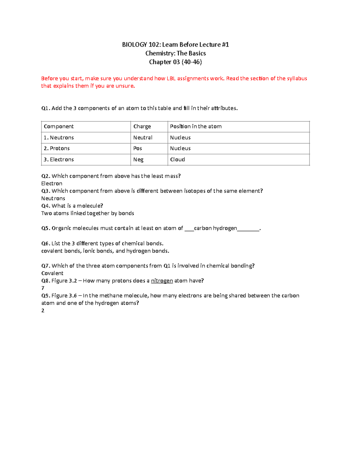 LBL 1 - LBL 1 - BIOLOGY 102: Learn Before Lecture Chemistry: The Basics ...