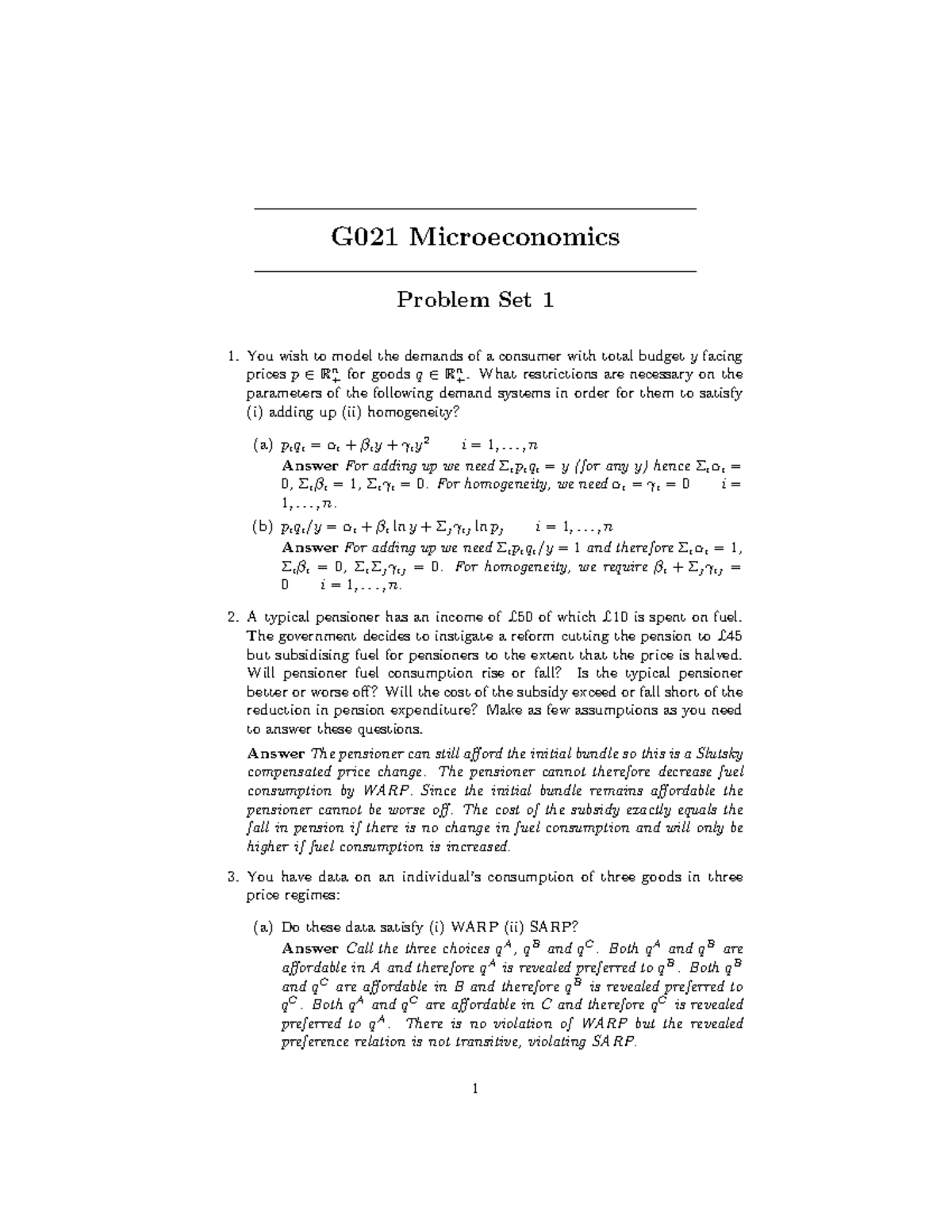 G021ans sofar - answer - G021 Microeconomics Problem Set 1 You wish to ...