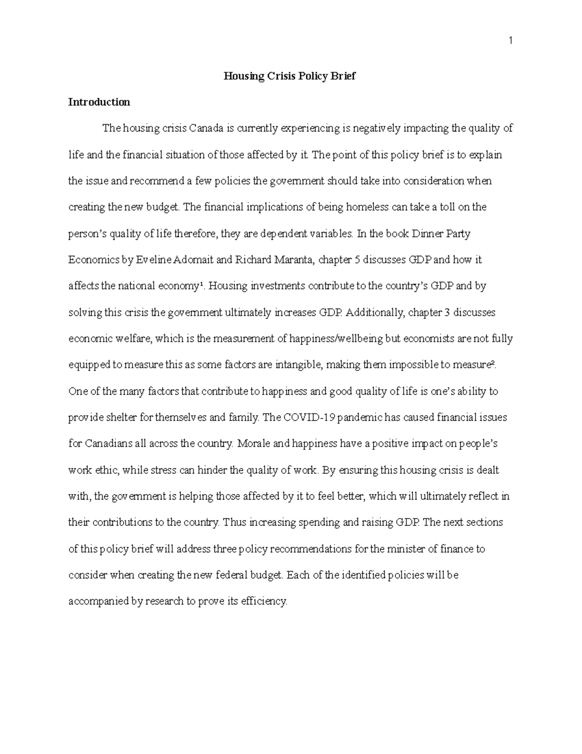 ECON 1100 DPE policy brief Housing Crisis Policy Brief Introduction