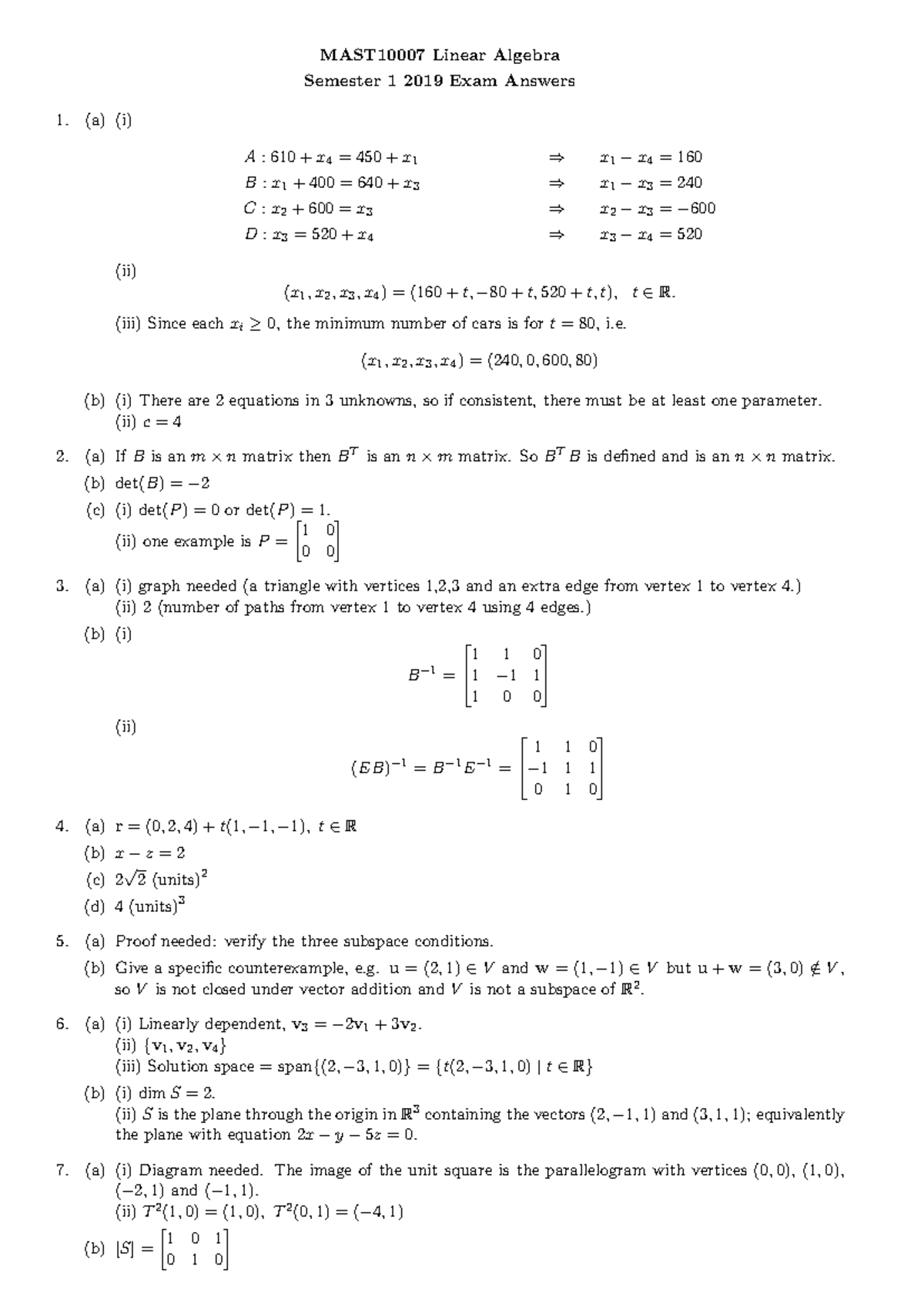Exam 14 January 2019, answers - MAST10007 Linear Algebra Semester 1 ...