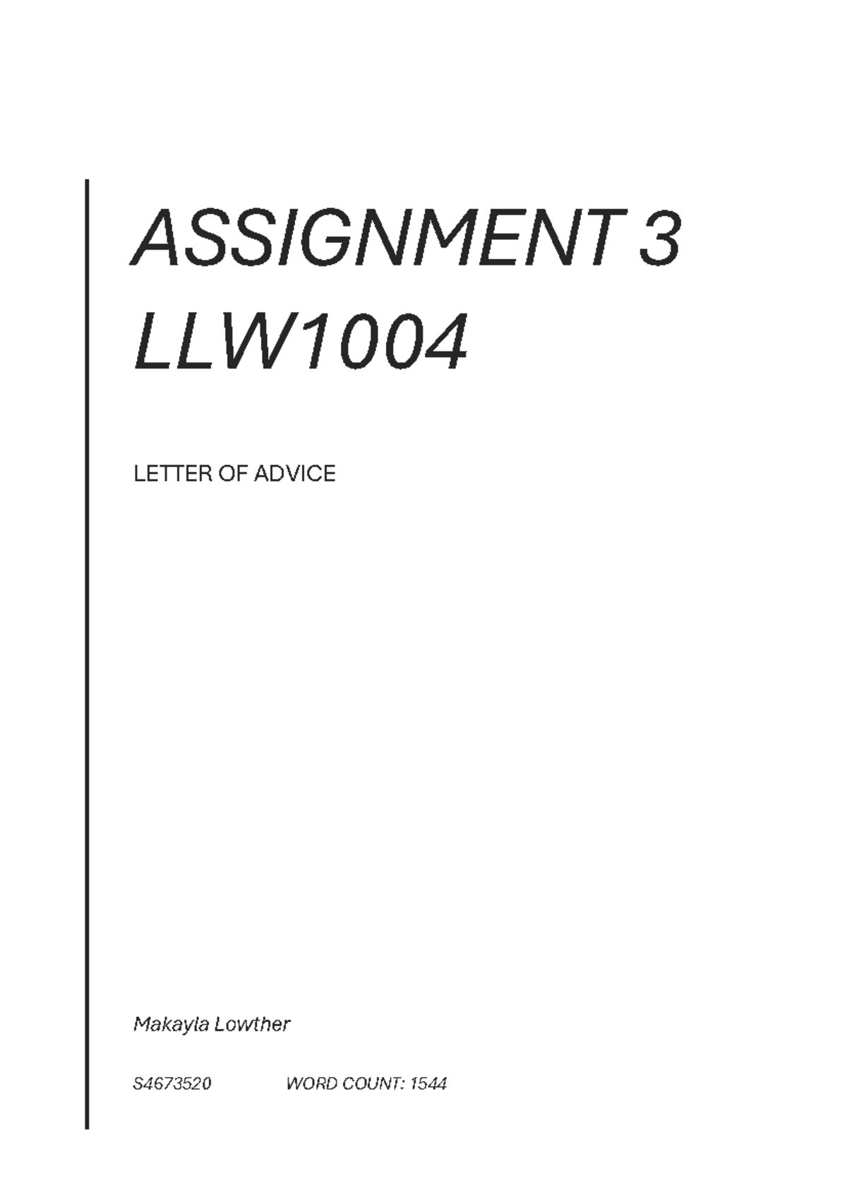 Letter of Advice LLW1004 - ASSIGNMENT 3 LLW LETTER OF ADVICE Makayla ...