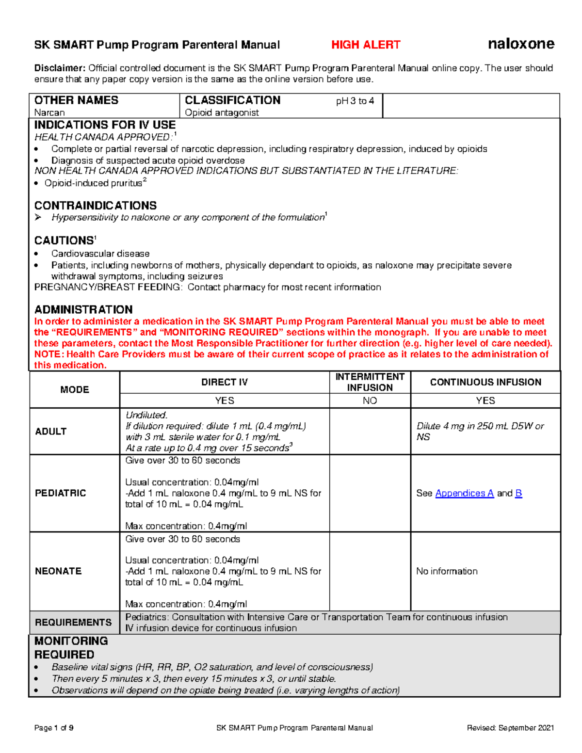 Naloxone 2021 - IV monograph - Disclaimer: Official controlled document ...