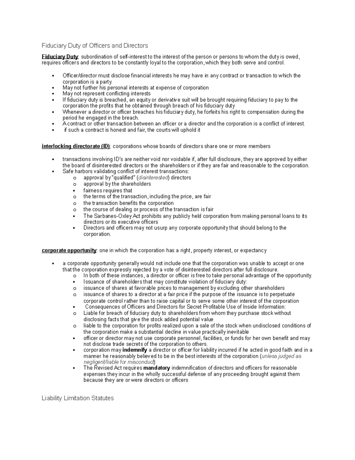 Business law 17 - Fiduciary Duty of Officers and Directors Fiduciary ...