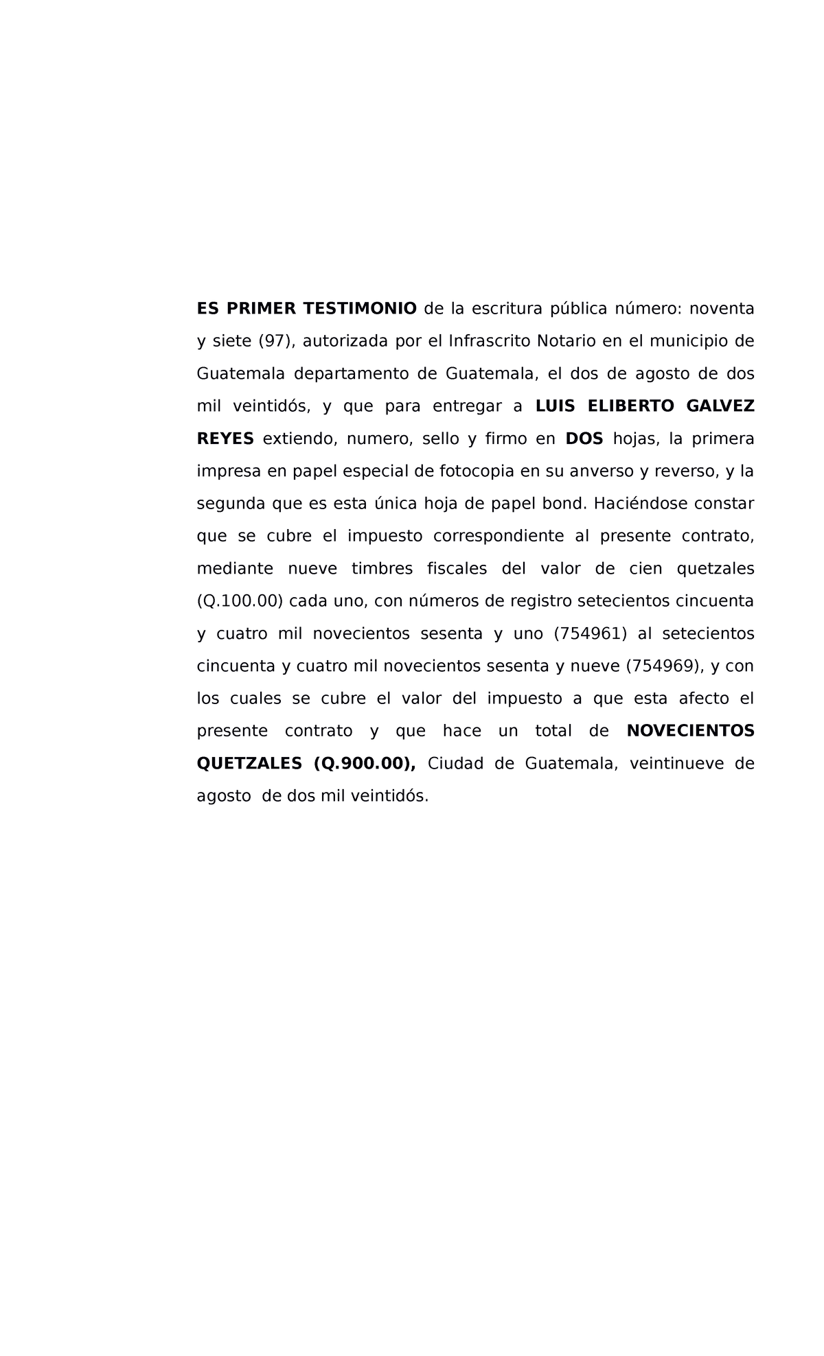Testimonio escritura 97-220 timbres - ES PRIMER TESTIMONIO de la ...