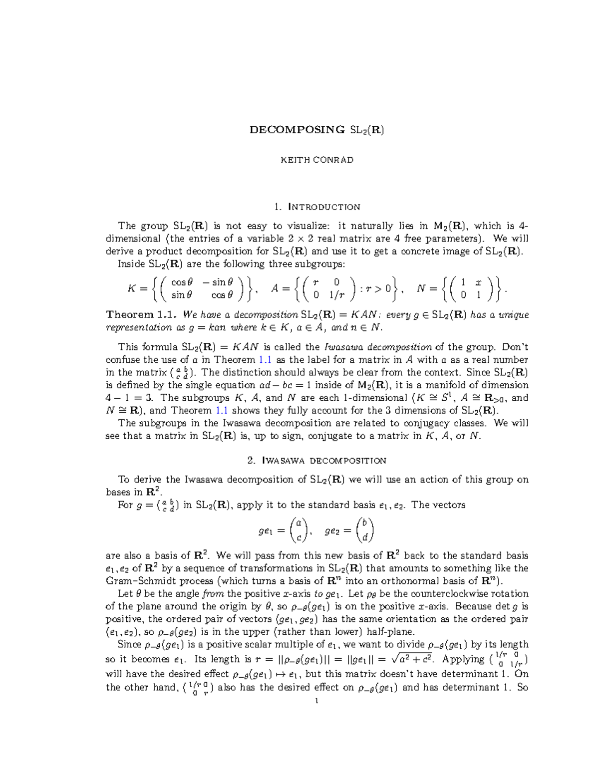 SL(2,R) - NOTES FOR COURSE - DECOMPOSING SL 2 (R) KEITH CONRAD ...