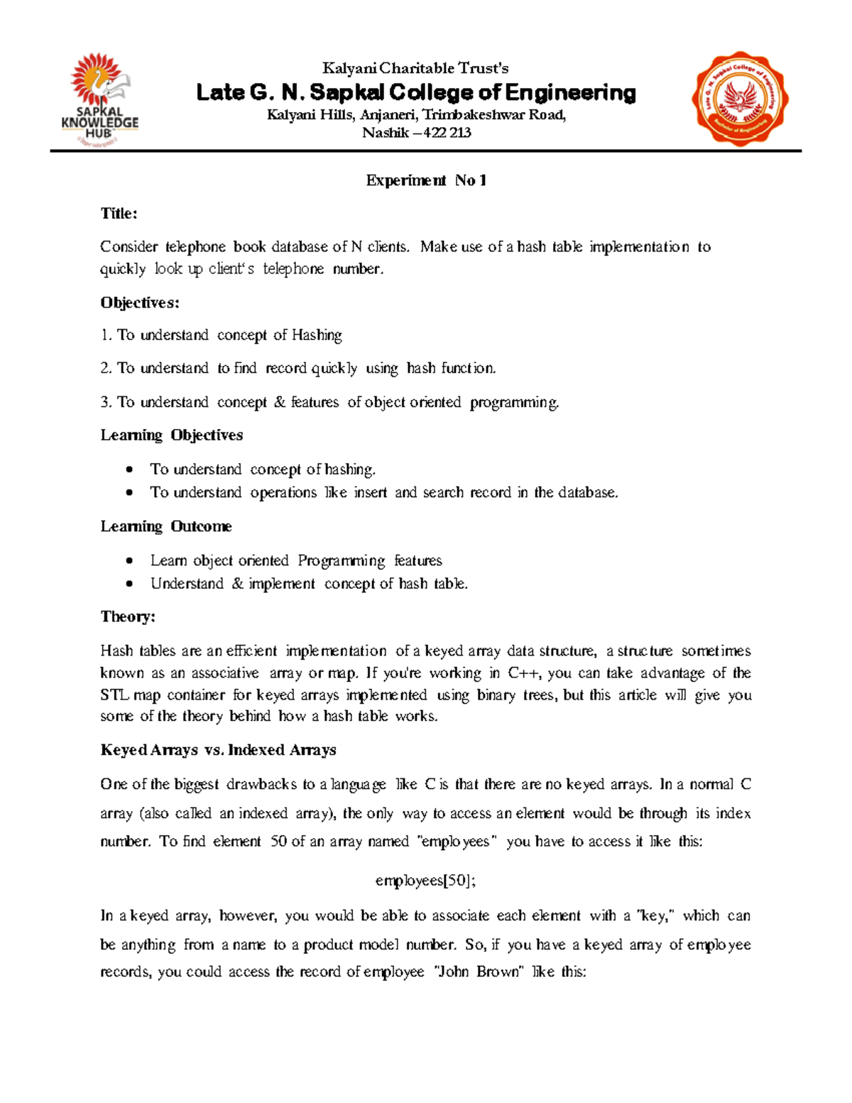 DSA Experiment No 1 - Late G. N. Sapkal College of Engineering Kalyani ...