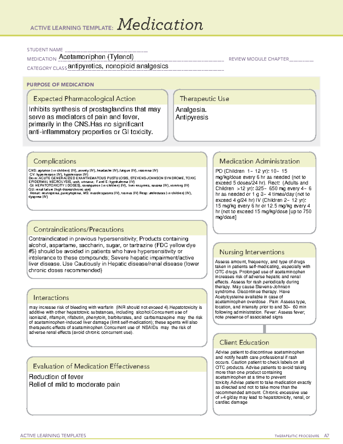 Acetamoniphen (Tylenol) - ACTIVE LEARNING TEMPLATES TherapeuTic ...