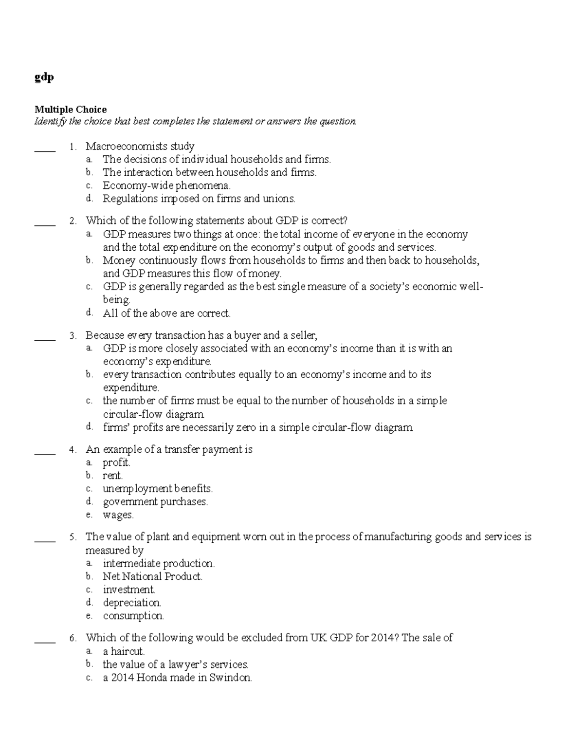 Seminar GDP Answers Gdp Multiple Choice Identify The Choice That Best