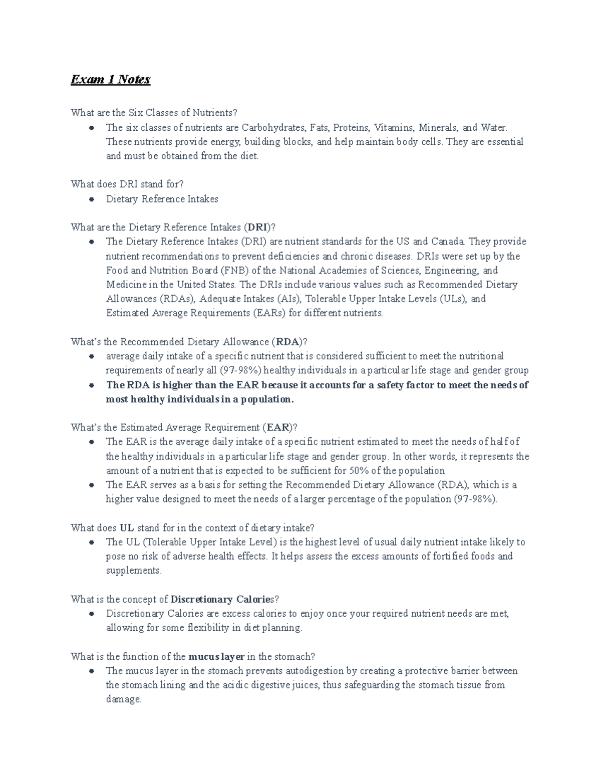 Nutrition exam 1 - Exam 1 Notes What are the Six Classes of Nutrients ...