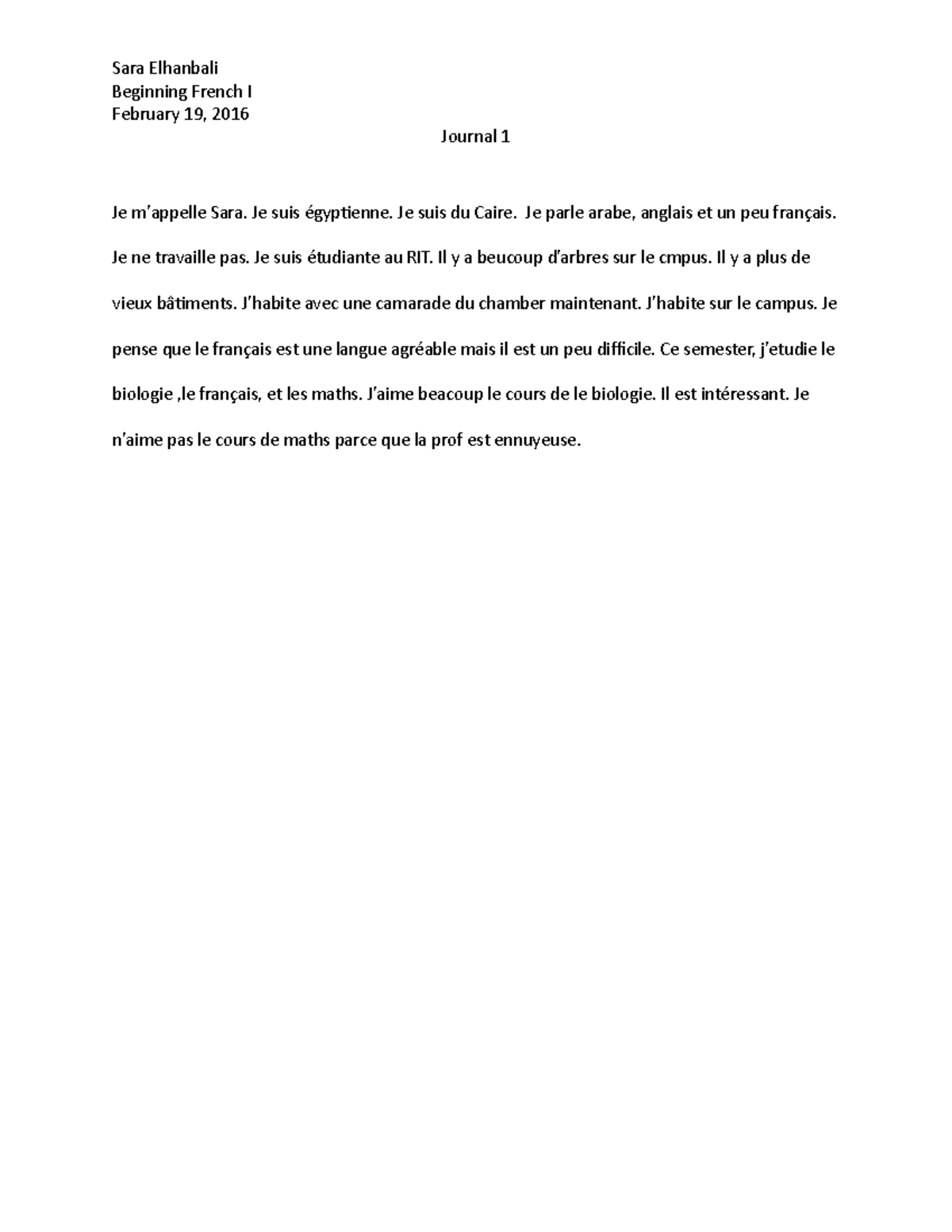 French Journal 1 - Grade: A - Sara Elhanbali Beginning French I ...