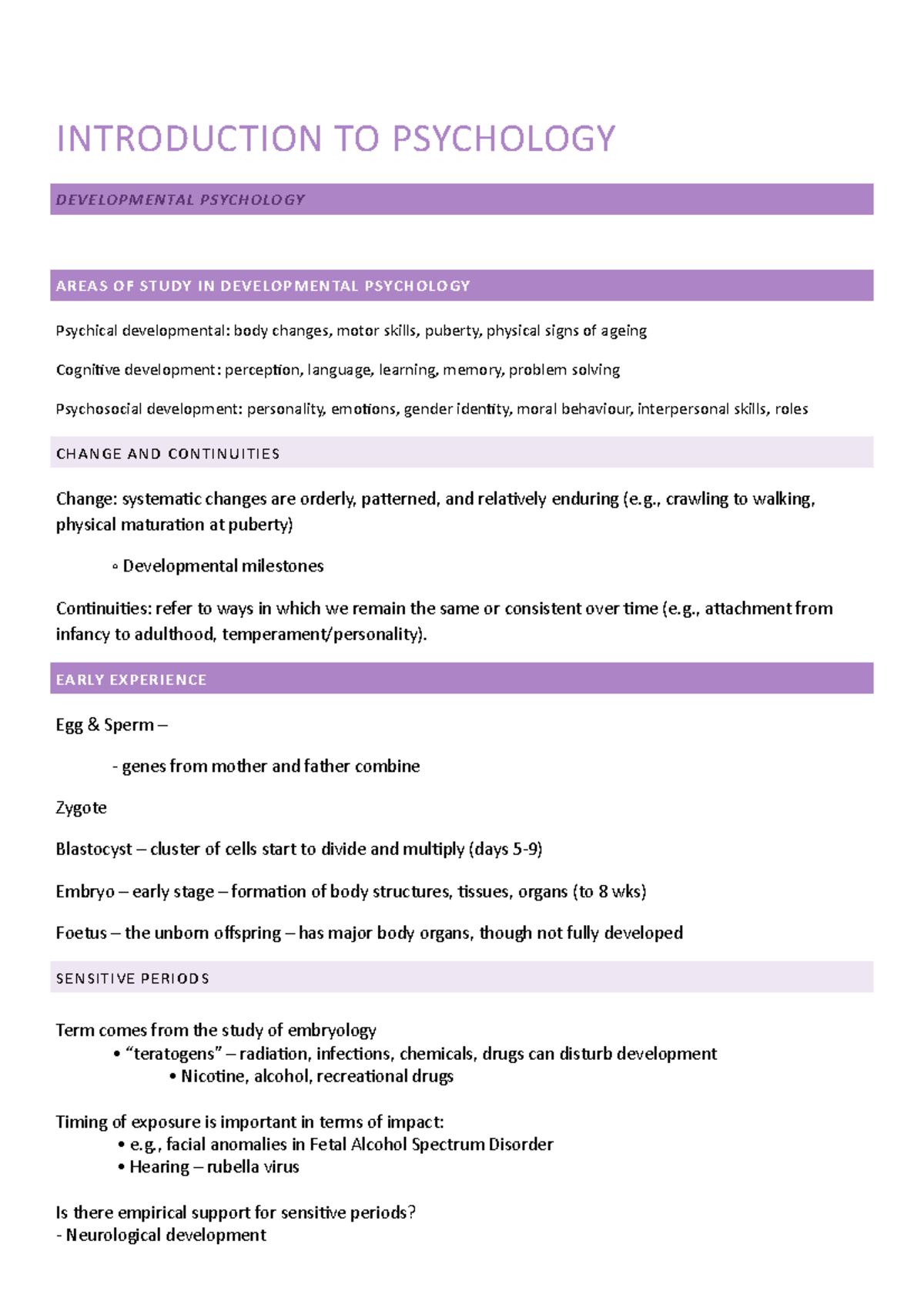 Psychology 2 - Lecture Notes - INTRODUCTION TO PSYCHOLOGY DEVELOPMENTAL ...