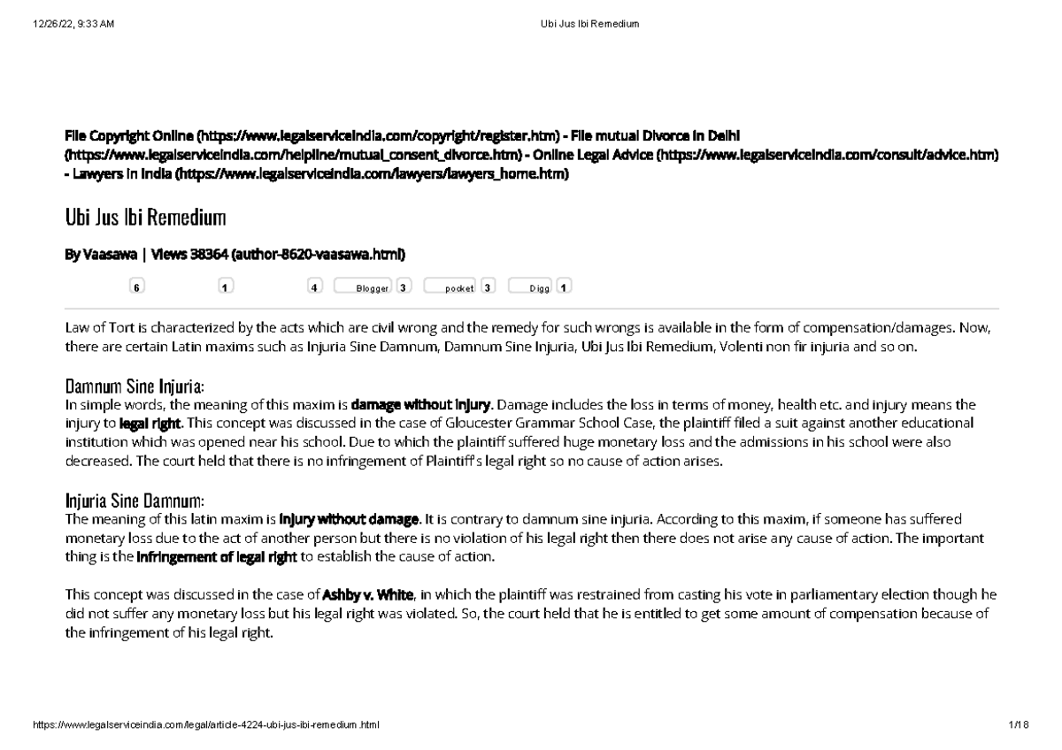 Ubi jus ibi remedium - Legal wriing - ####### File Copyright Online ...
