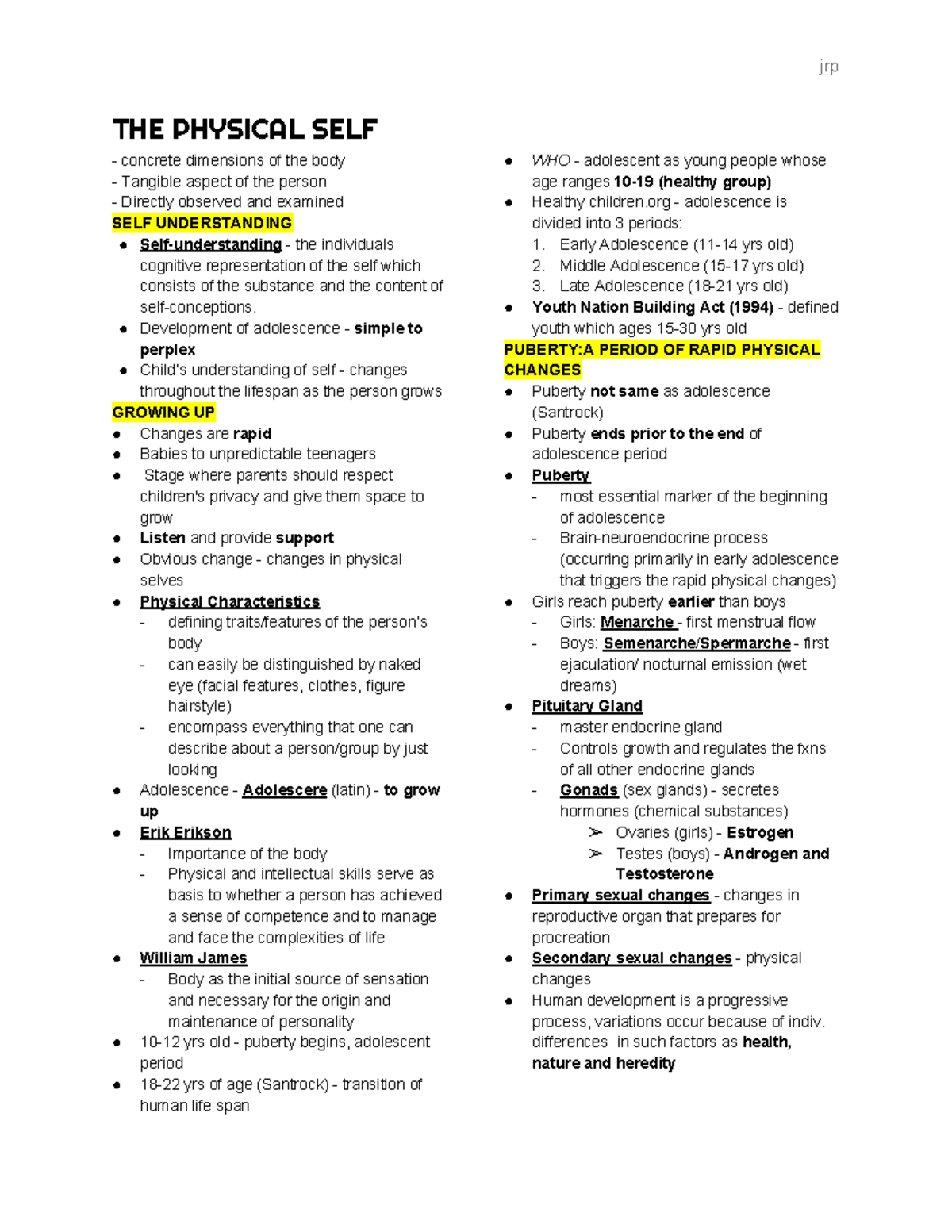 Uts finals reviewer THE PHYSICAL SELF concrete dimensions of the body