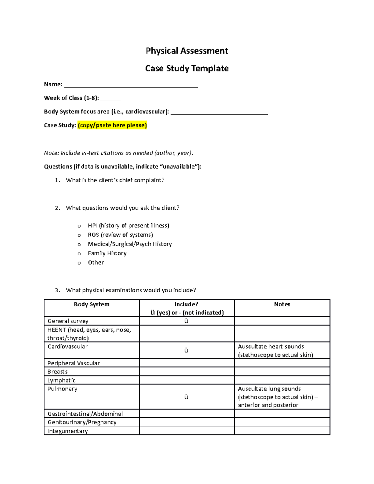 Case Study Template - Physical Assessment Case Study Template Name ...
