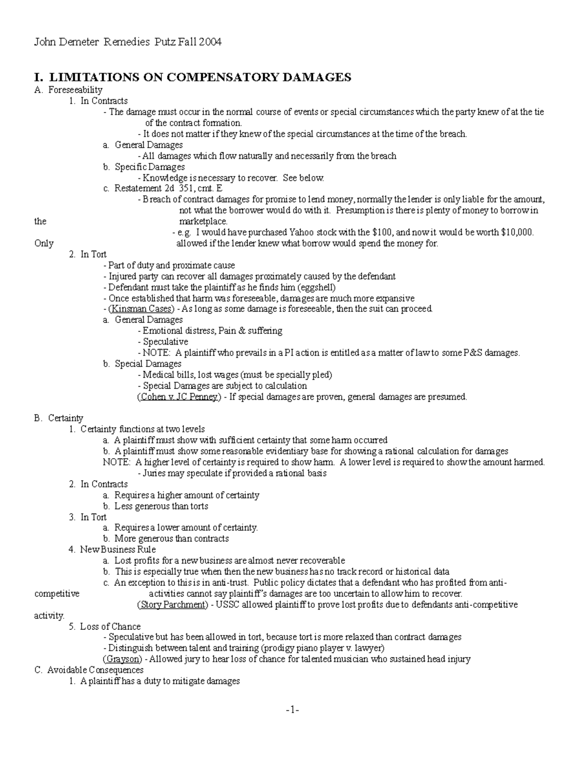 Remedies Course Summary Outline - I. LIMITATIONS ON COMPENSATORY ...