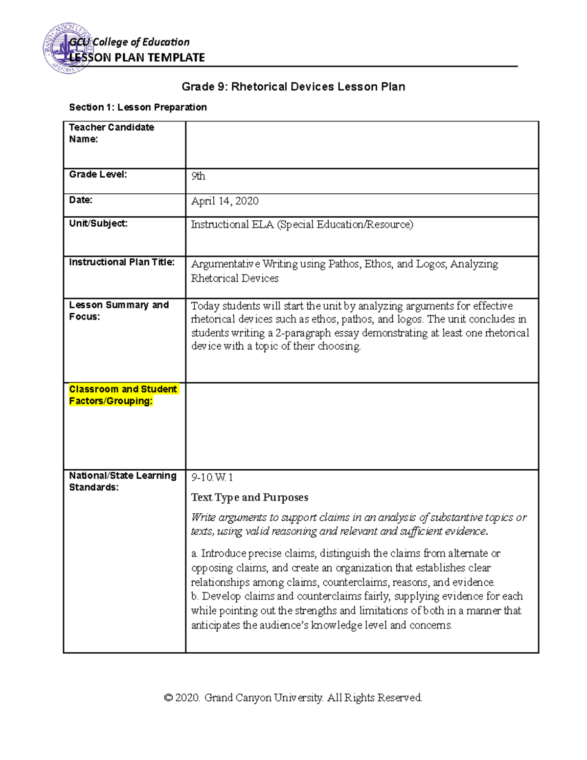 Studoc pt. 2 - ELm-250 - LESSON PLAN TEMPLATE Grade 9: Rhetorical ...