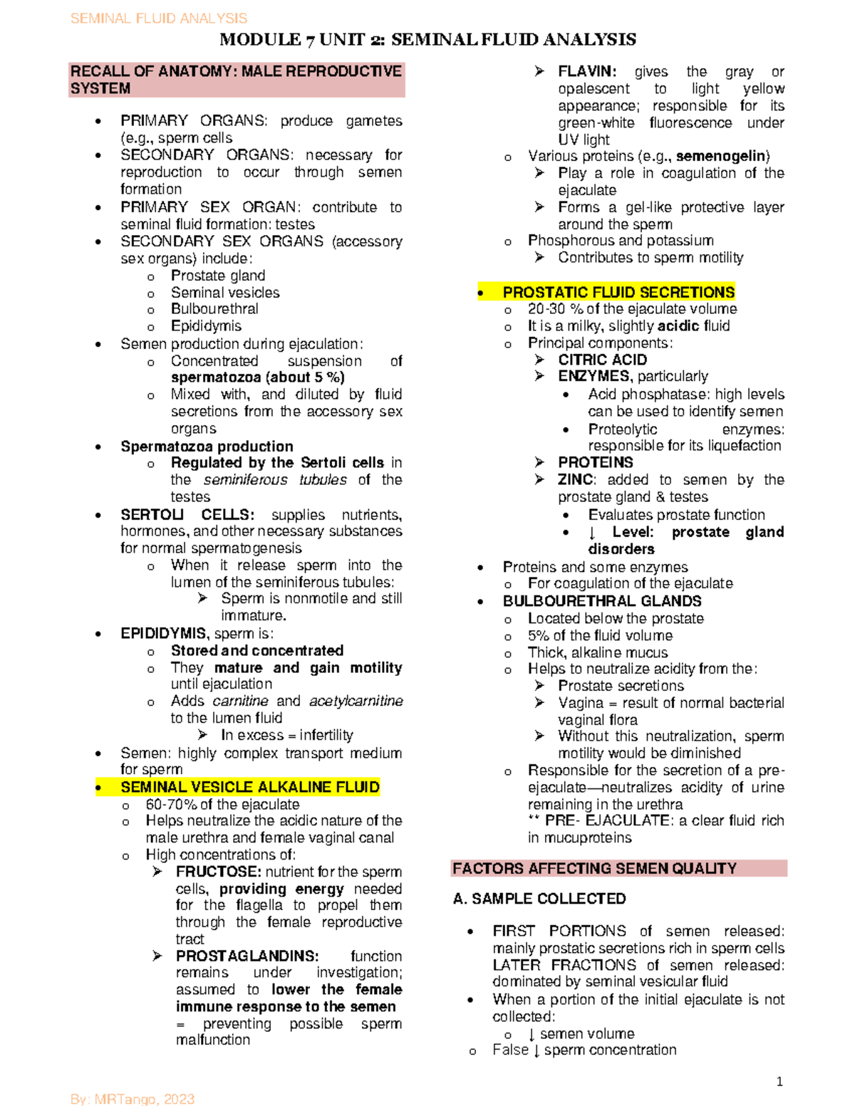 M7U2 Seminal Fluid final final - 1 MODULE 7 UNIT 2: SEMINAL FLUID ANALYSIS  RECALL OF ANATOMY: MALE - Studocu