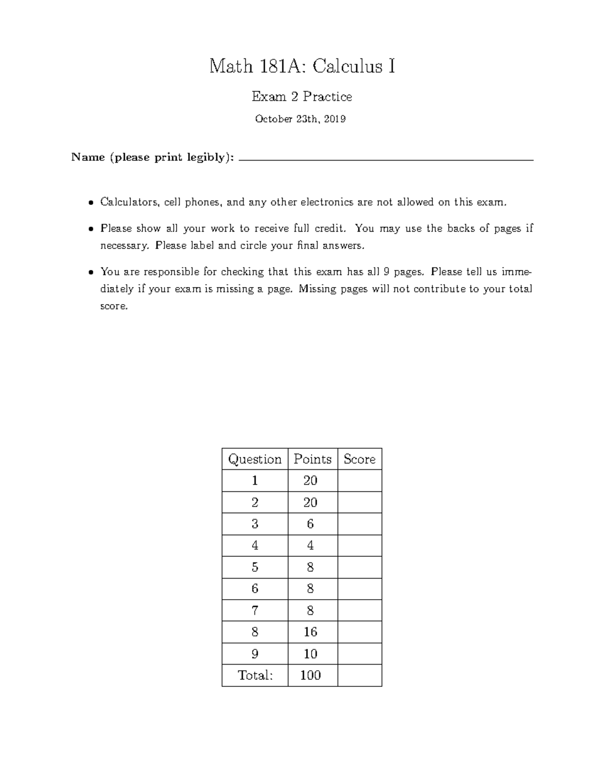 Exam2 Practice - Math 181A: Calculus I Exam 2 Practice October 23th ...